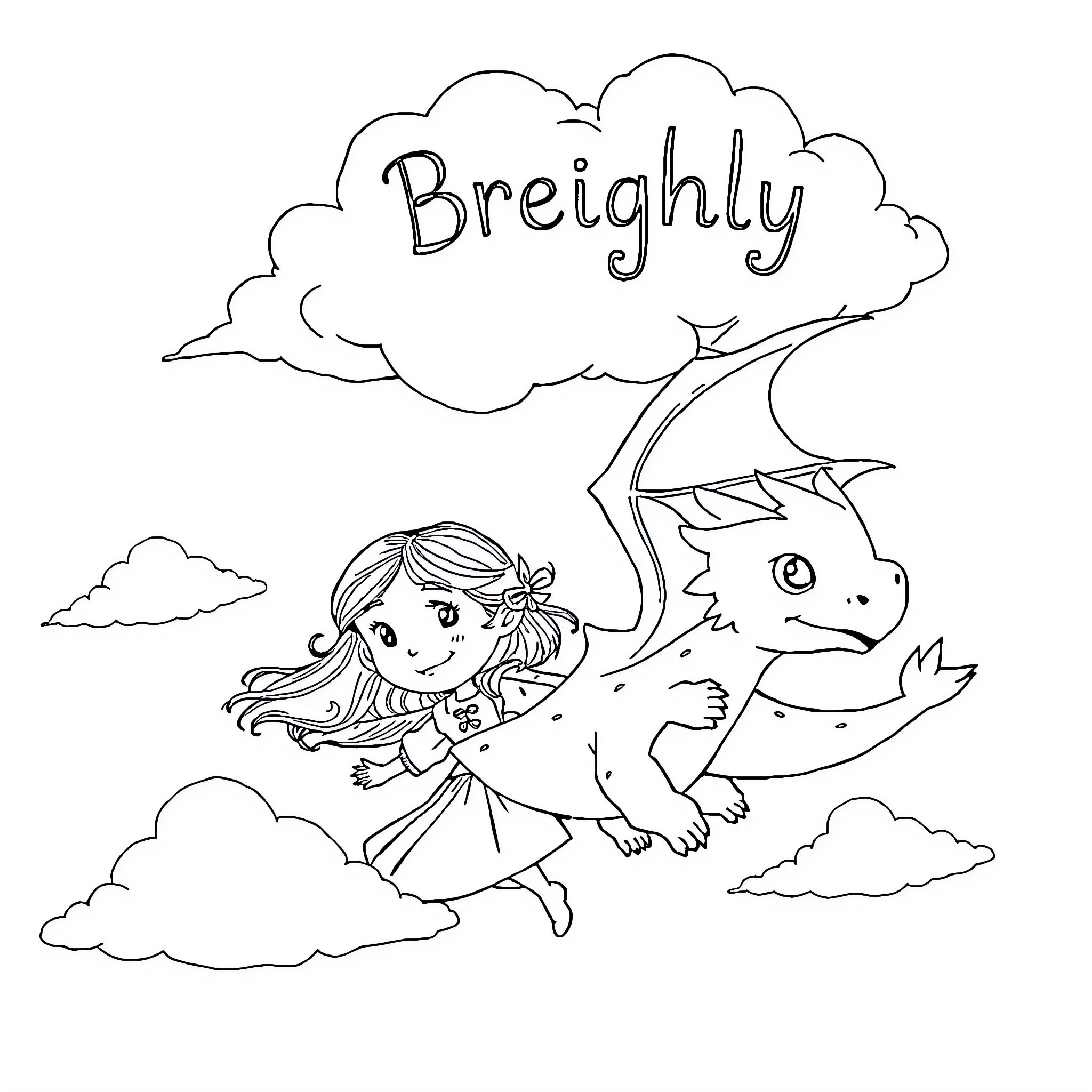 Girl riding a dragon in the clouds Coloring Page (free black-and-white line drawing printable PDF for all, from beginners to advanced learners, including children, teens, adults, and seniors)