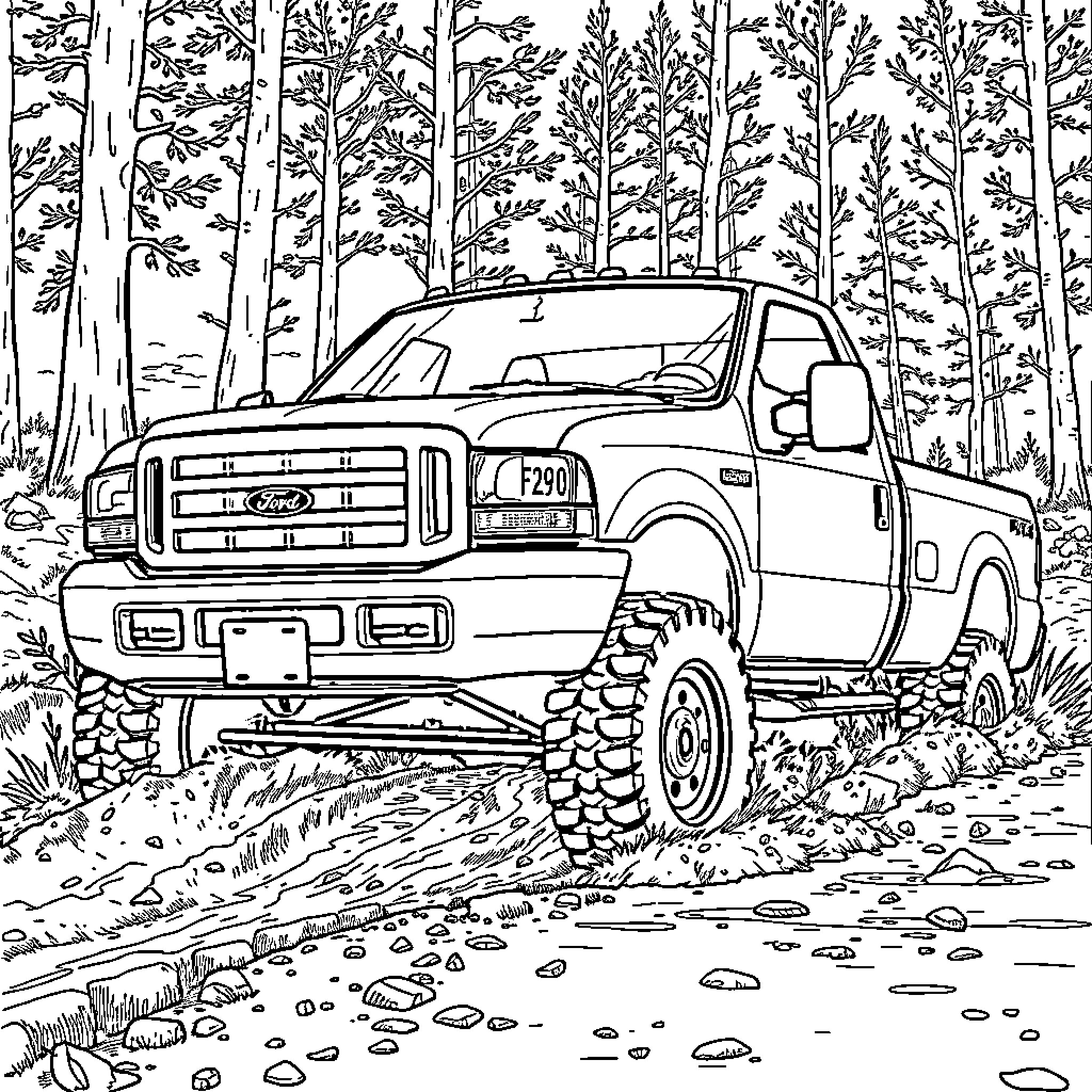F350 off-road truck in the wilderness Coloring Page (free black-and-white line drawing printable PDF for all, from beginners to advanced learners, including children, teens, adults, and seniors)