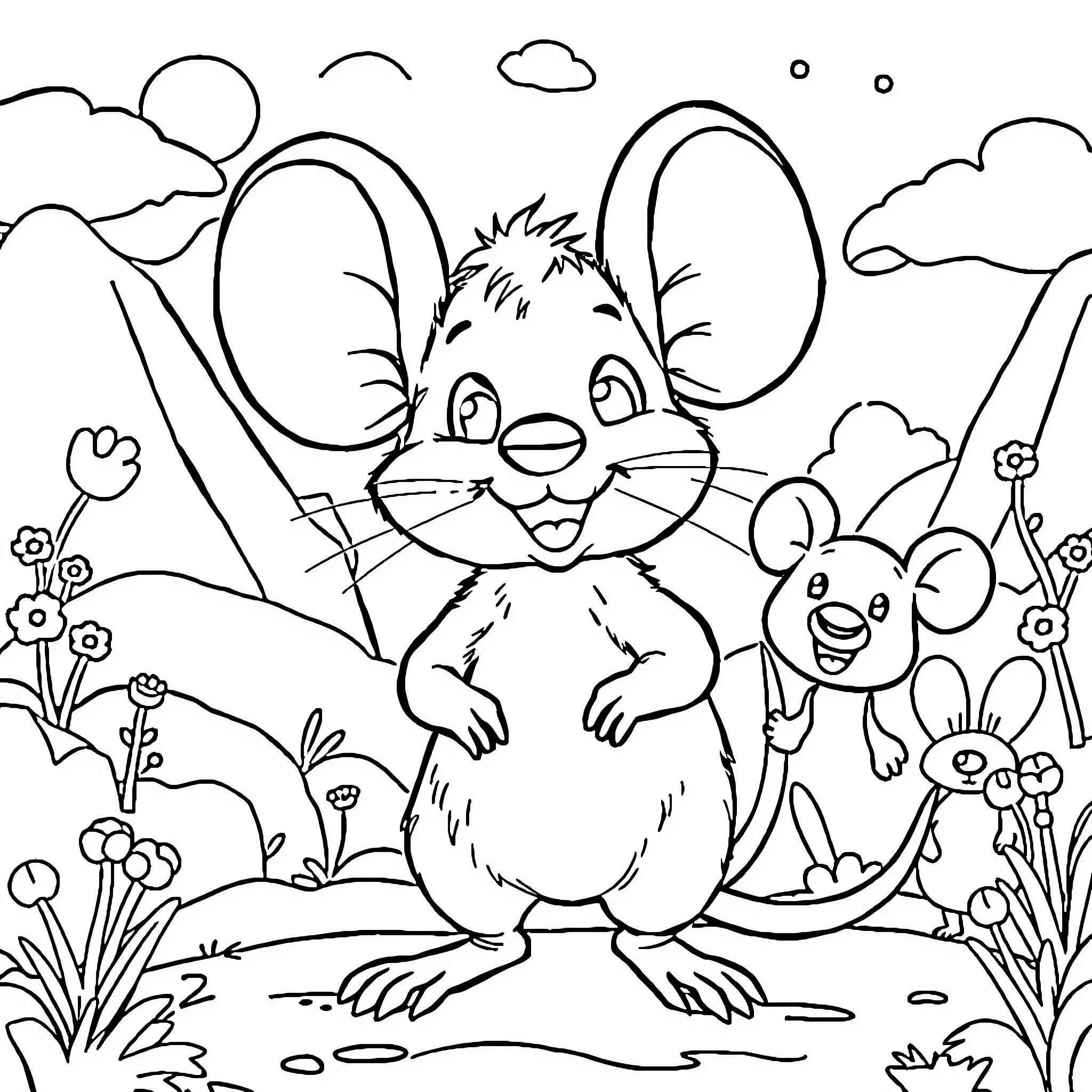 Diddl's Happy Adventure in the Meadow Coloring Page (free black-and-white line drawing printable PDF for all, from beginners to advanced learners, including children, teens, adults, and seniors)