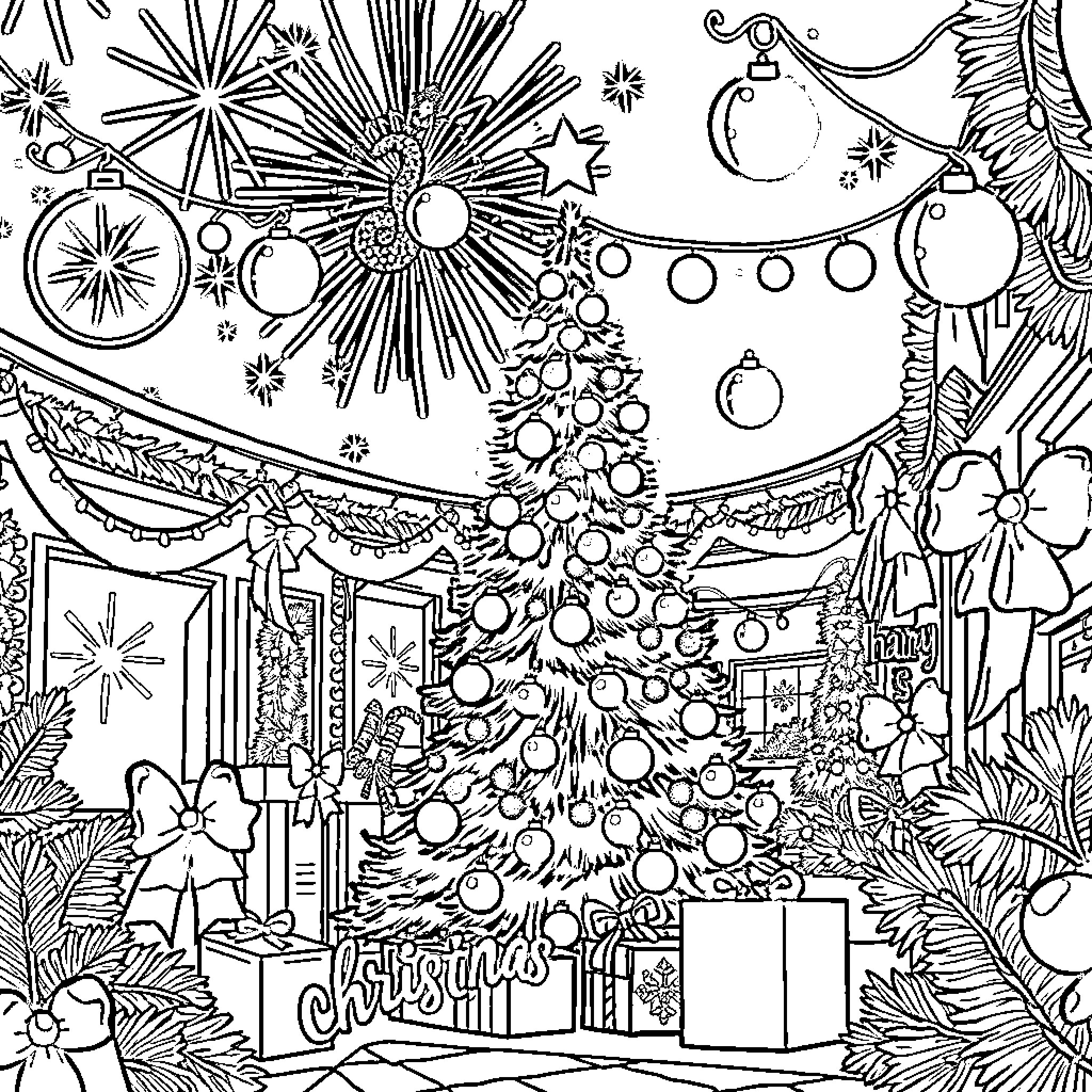 Christmas decorations and festive scenes Coloring Page (free black-and-white line drawing printable PDF for all, from beginners to advanced learners, including children, teens, adults, and seniors)