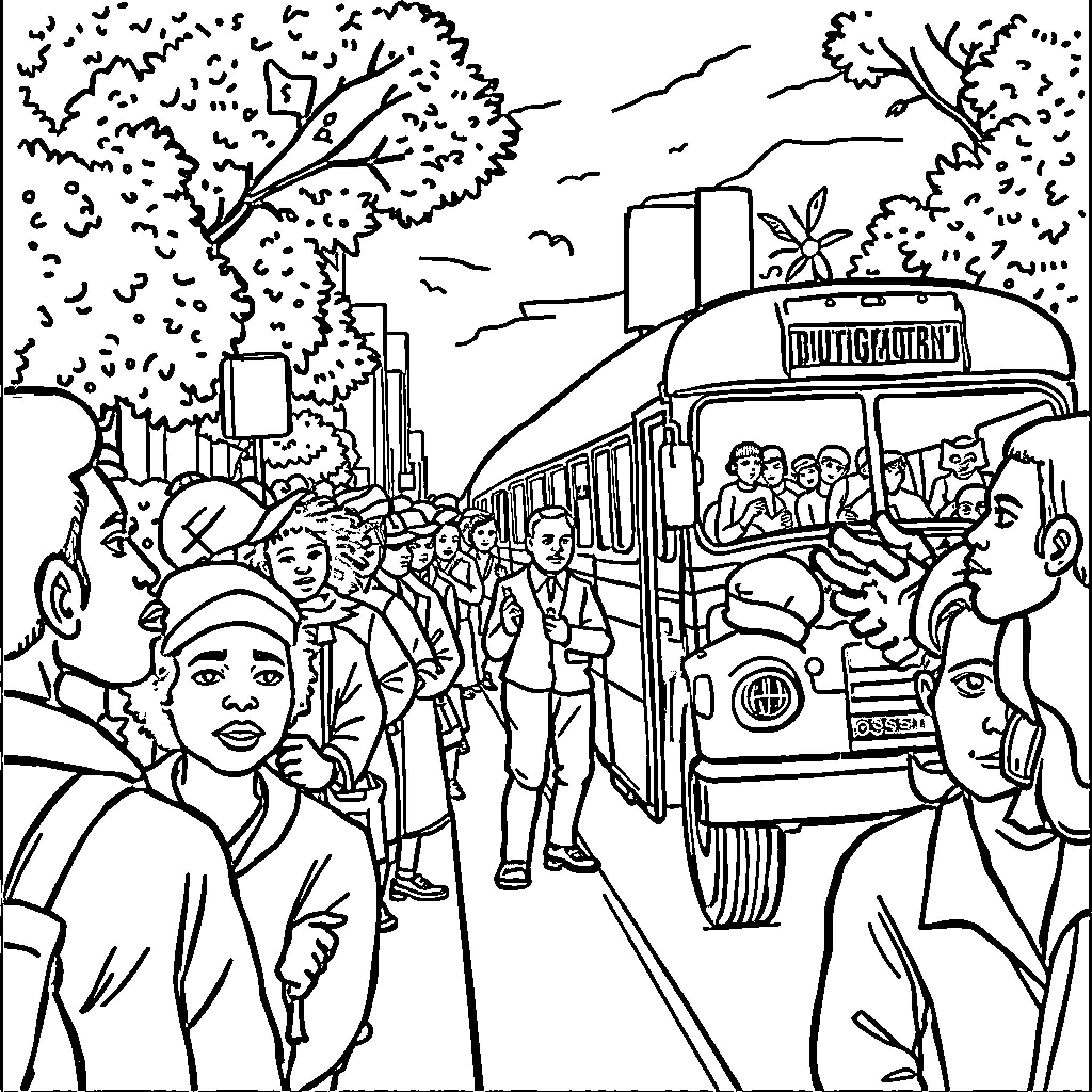 Montgomery Bus Boycott: Passengers Awaiting Transportation Coloring Page (free black-and-white line drawing printable PDF for all, from beginners to advanced learners, including children, teens, adults, and seniors)