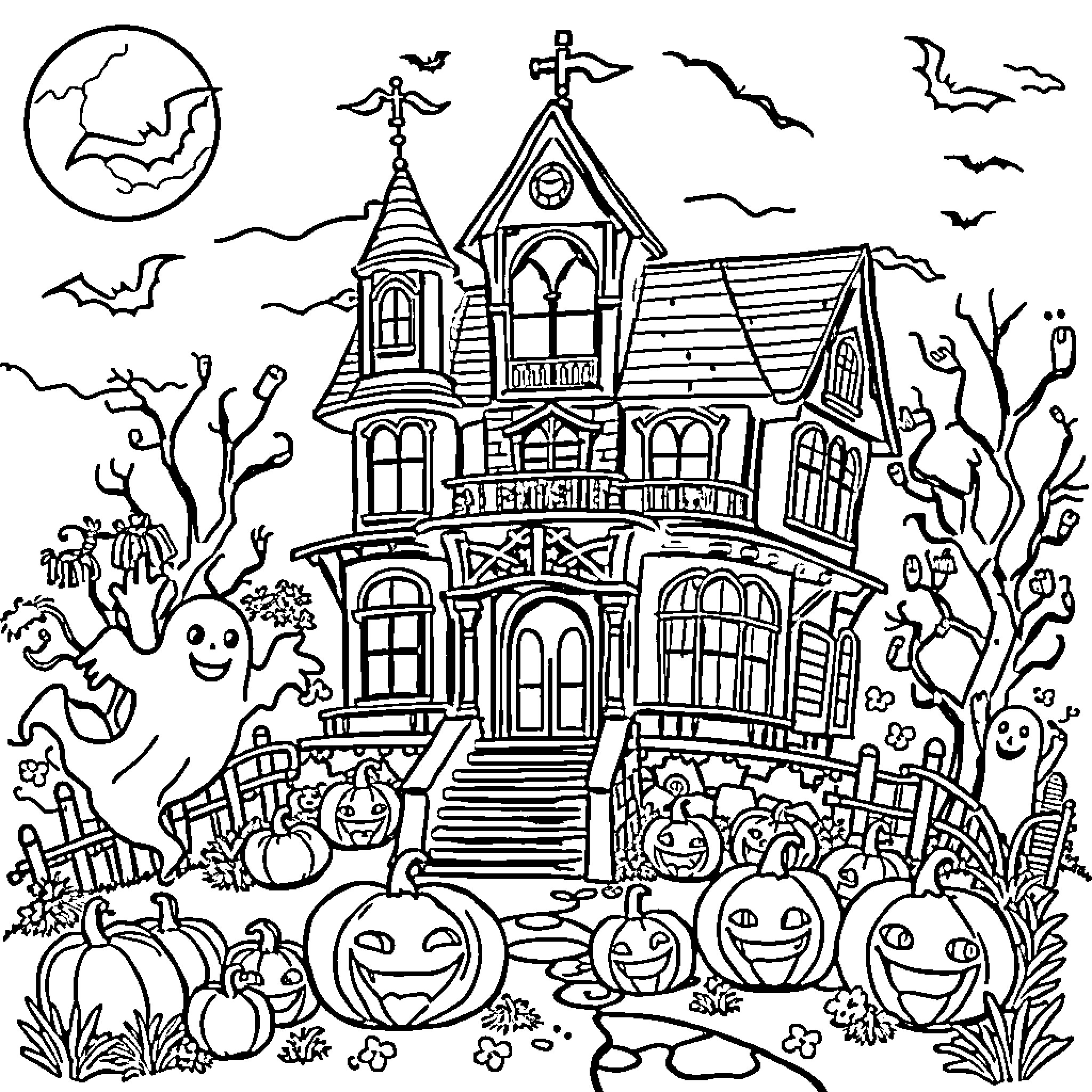 Haunted Mansion with Eerie Decorations and Supernatural Beings Coloring Page (free black-and-white line drawing printable PDF for all, from beginners to advanced learners, including children, teens, adults, and seniors)