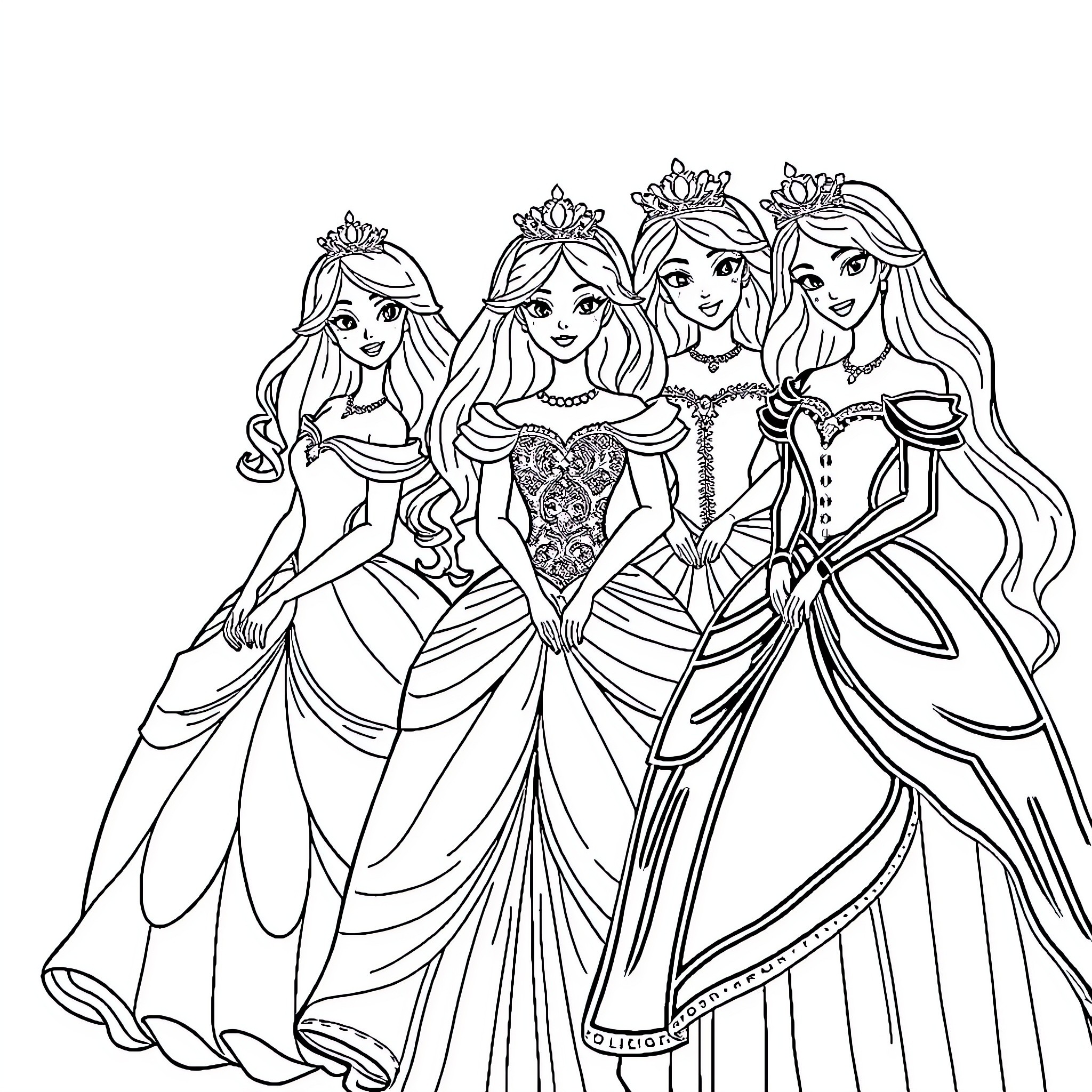 Princess Sisters in Elegant Ball Gowns Coloring Page (free black-and-white line drawing printable PDF for all, from beginners to advanced learners, including children, teens, adults, and seniors)