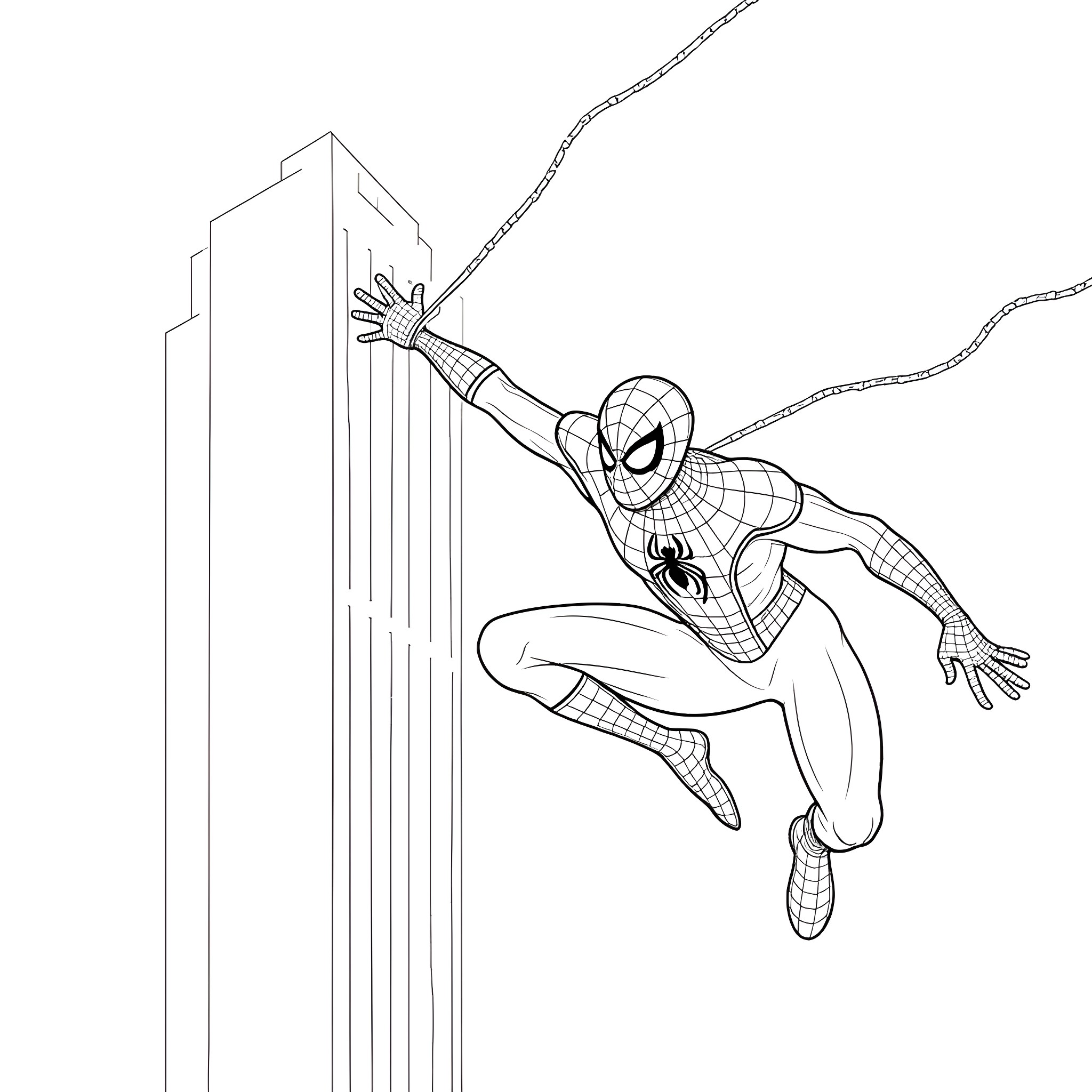 Spider-Man swinging through the city skyline Coloring Page (free black-and-white line drawing printable PDF for all, from beginners to advanced learners, including children, teens, adults, and seniors)