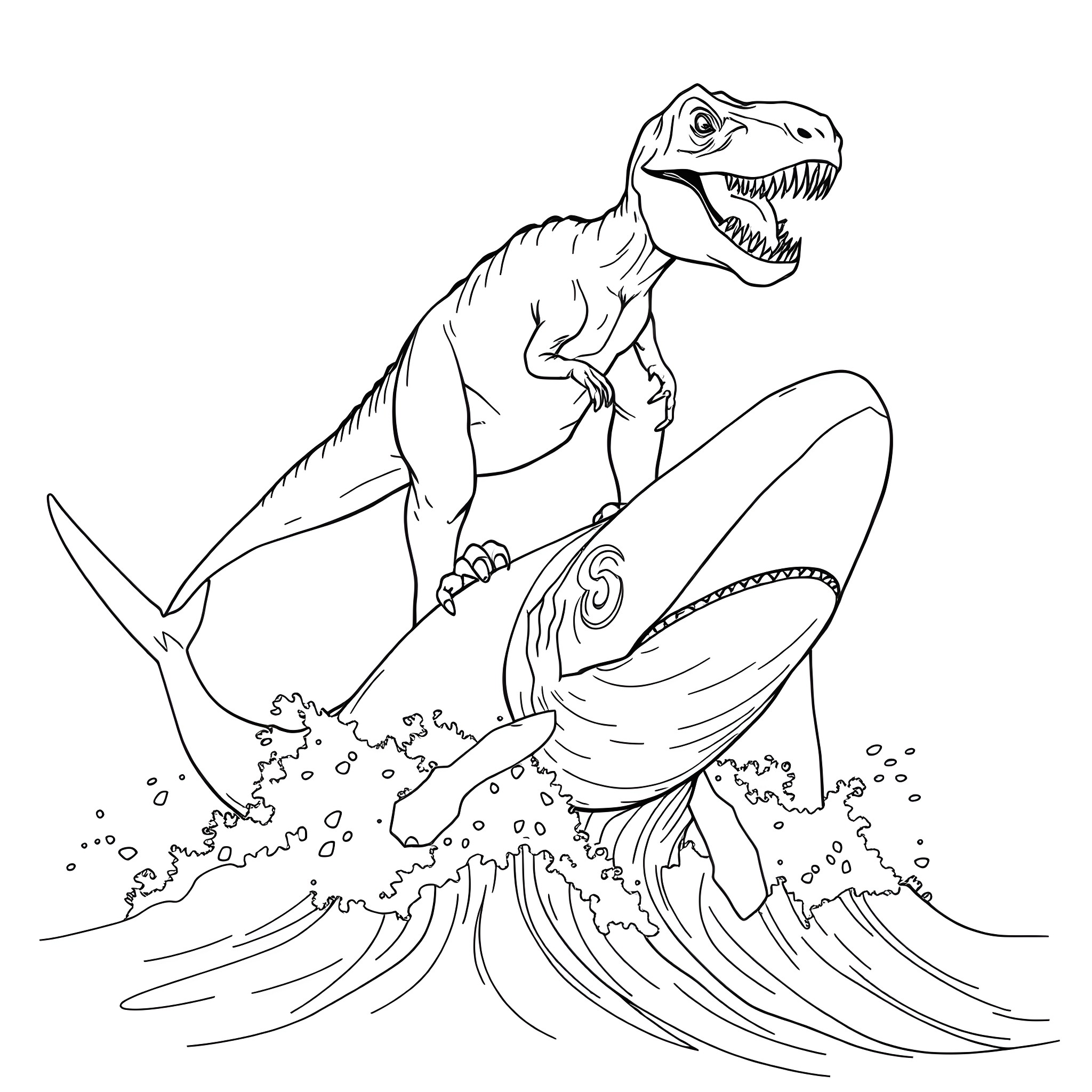 T-Rex surfing on giant waves Coloring Page (free black-and-white line drawing printable PDF for all, from beginners to advanced learners, including children, teens, adults, and seniors)