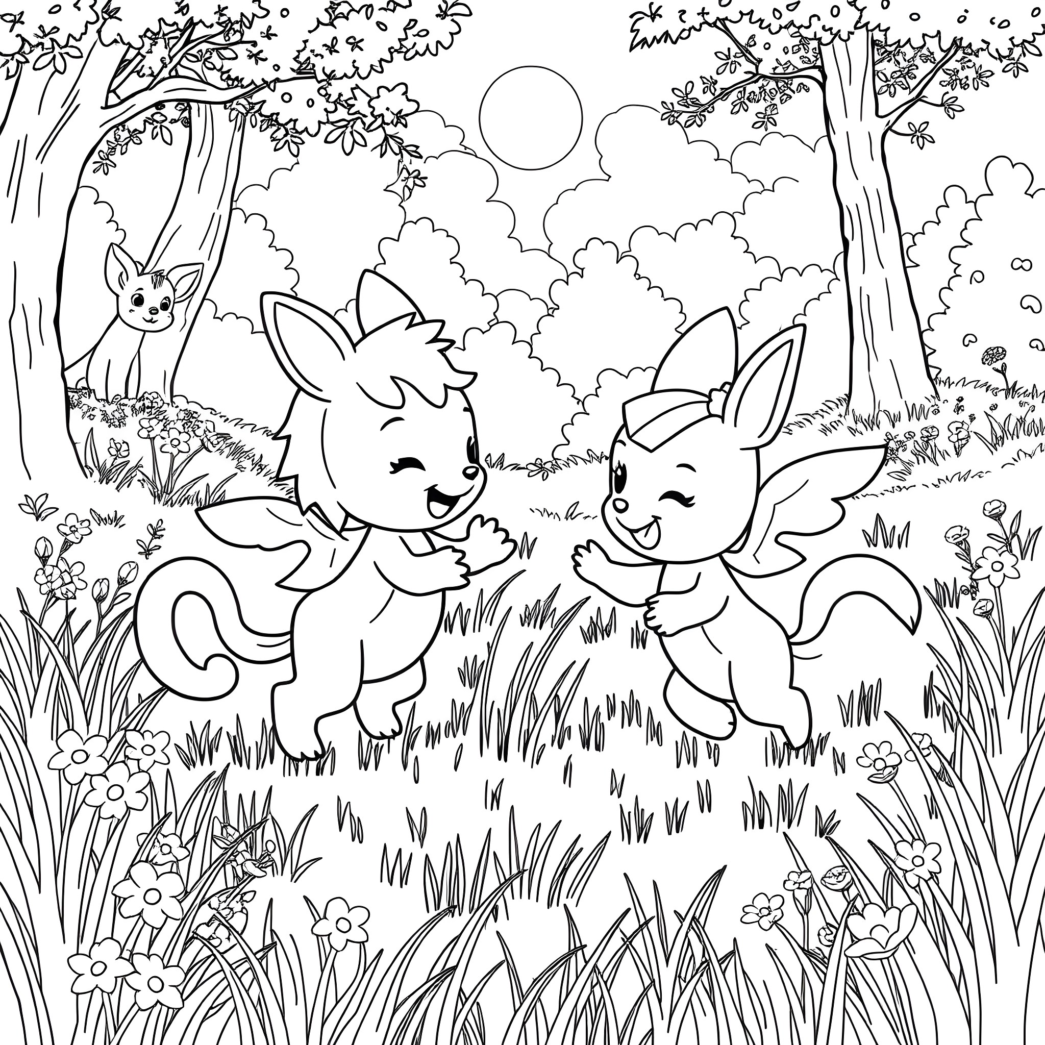 Morphil Playful Bunnies in the Whimsical Forest Coloring Page (free black-and-white line drawing printable PDF for all, from beginners to advanced learners, including children, teens, adults, and seniors)