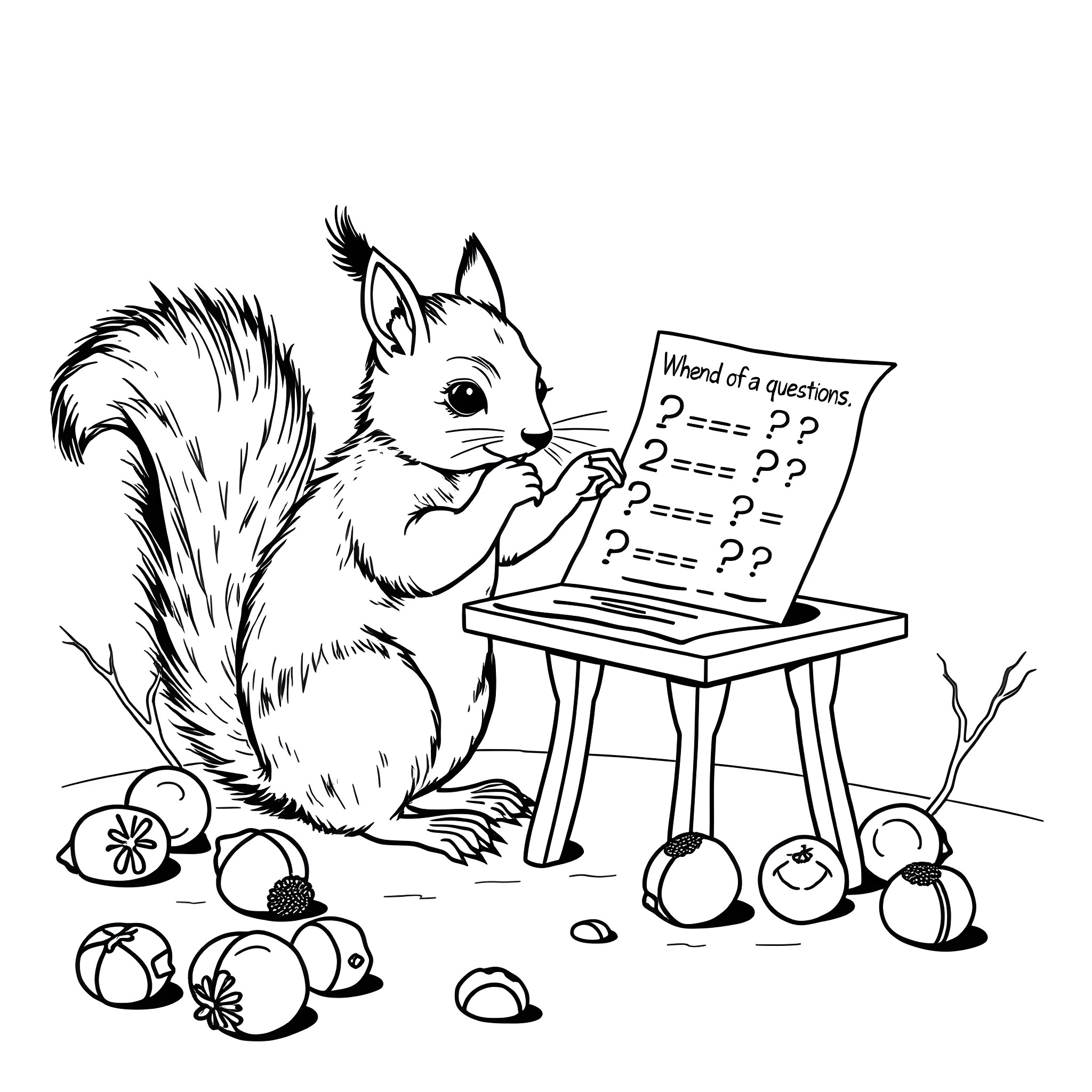 Squirrel pondering a question on a chalkboard Coloring Page (free black-and-white line drawing printable PDF for all, from beginners to advanced learners, including children, teens, adults, and seniors)