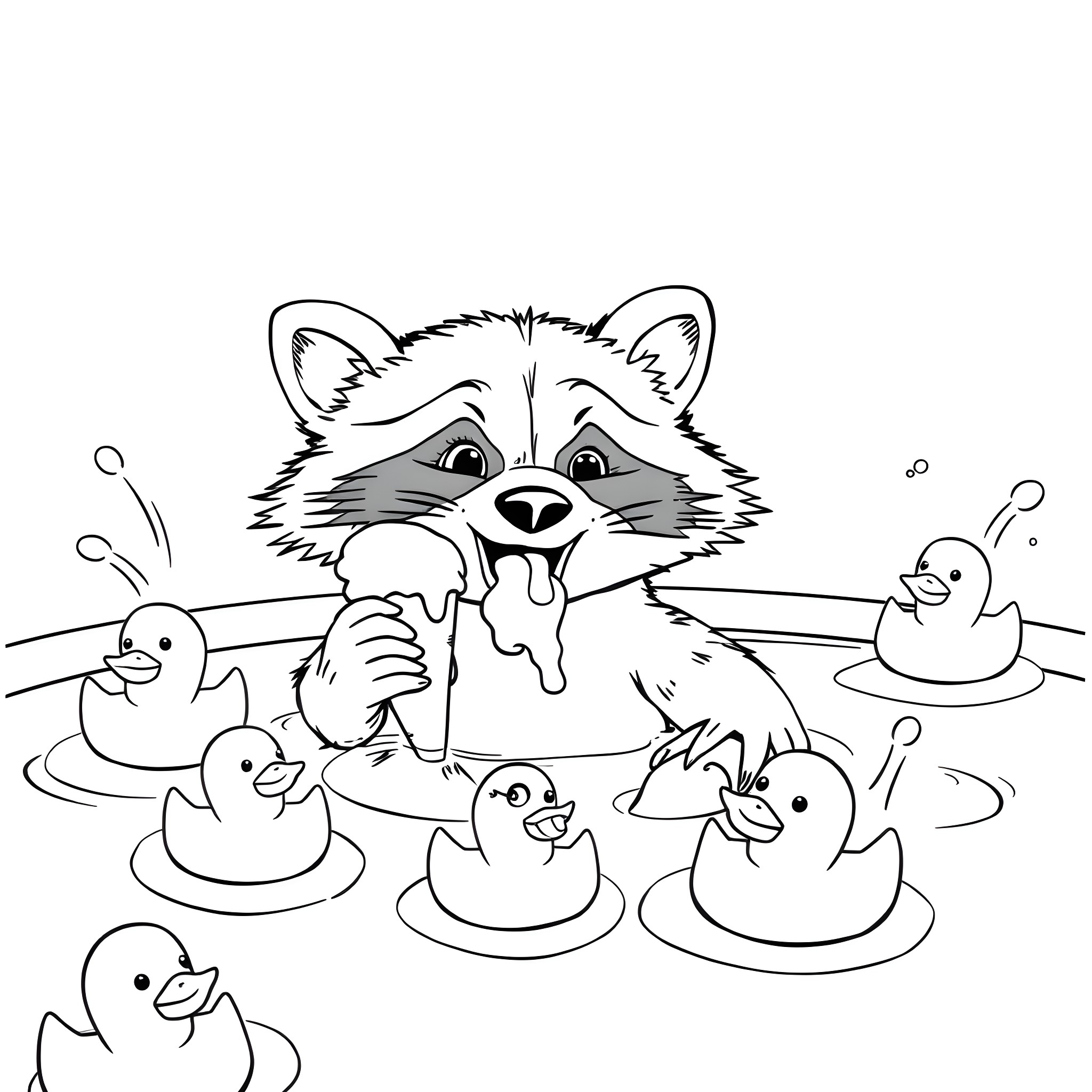 Raccoon playing with ducklings in the water Coloring Page (free black-and-white line drawing printable PDF for all, from beginners to advanced learners, including children, teens, adults, and seniors)