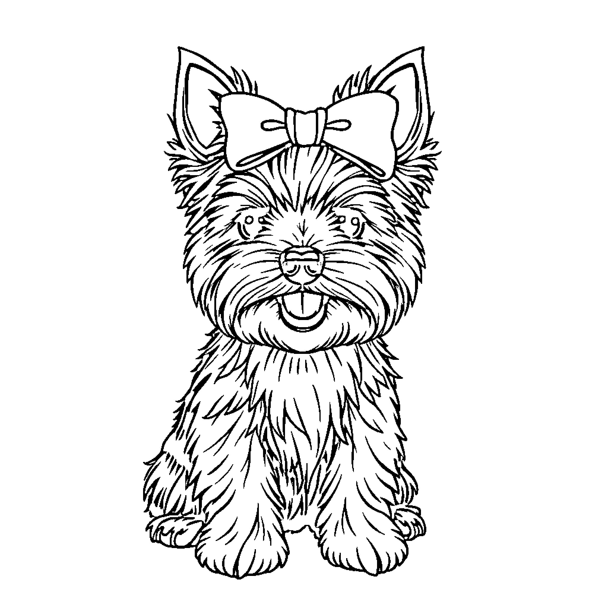 Yorkshire Terrier wearing a bow in an adorable pose Coloring Page (free black-and-white line drawing printable PDF for all, from beginners to advanced learners, including children, teens, adults, and seniors)