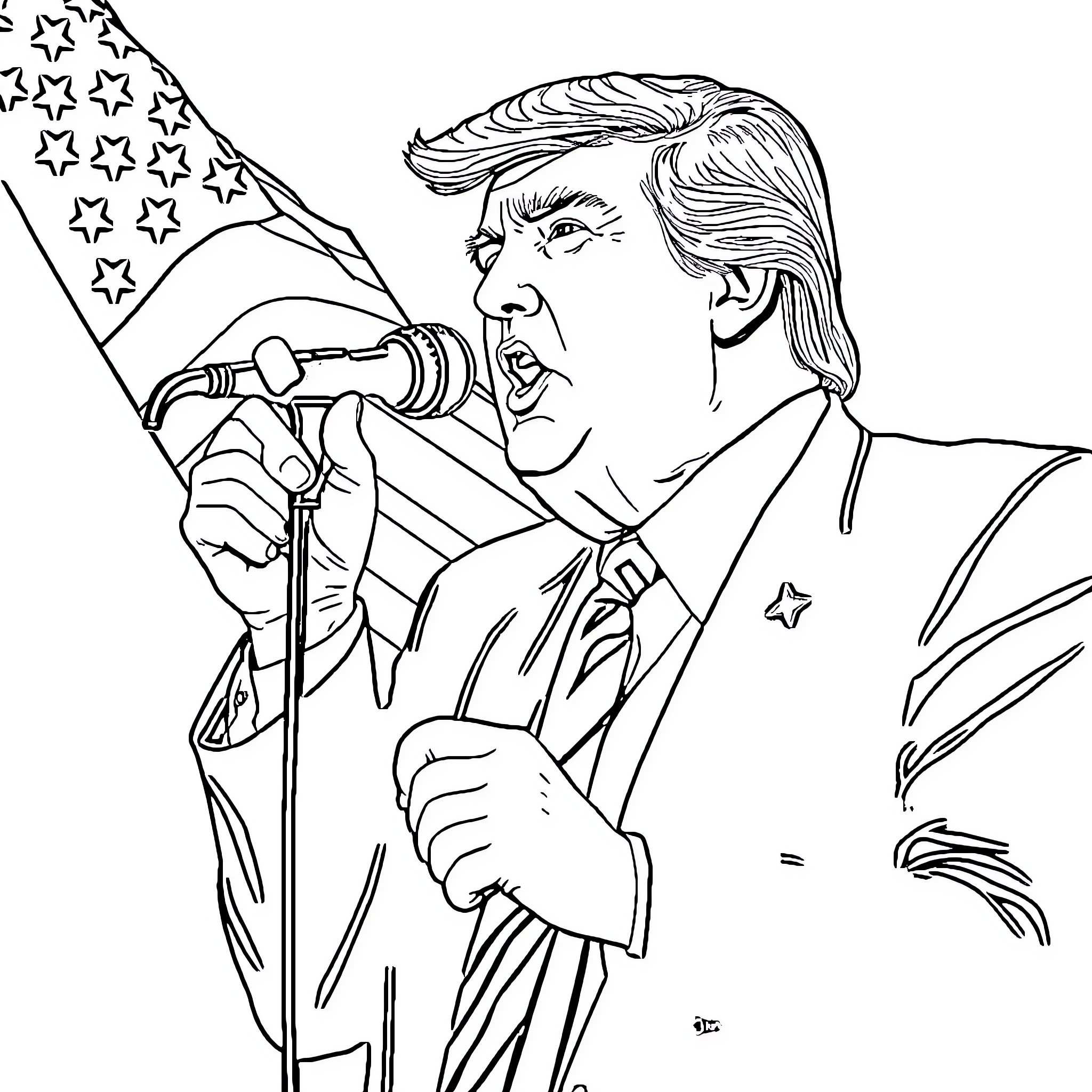 Trump Passionately Addressing Supporters at a Rally Coloring Page (free black-and-white line drawing printable PDF for all, from beginners to advanced learners, including children, teens, adults, and seniors)