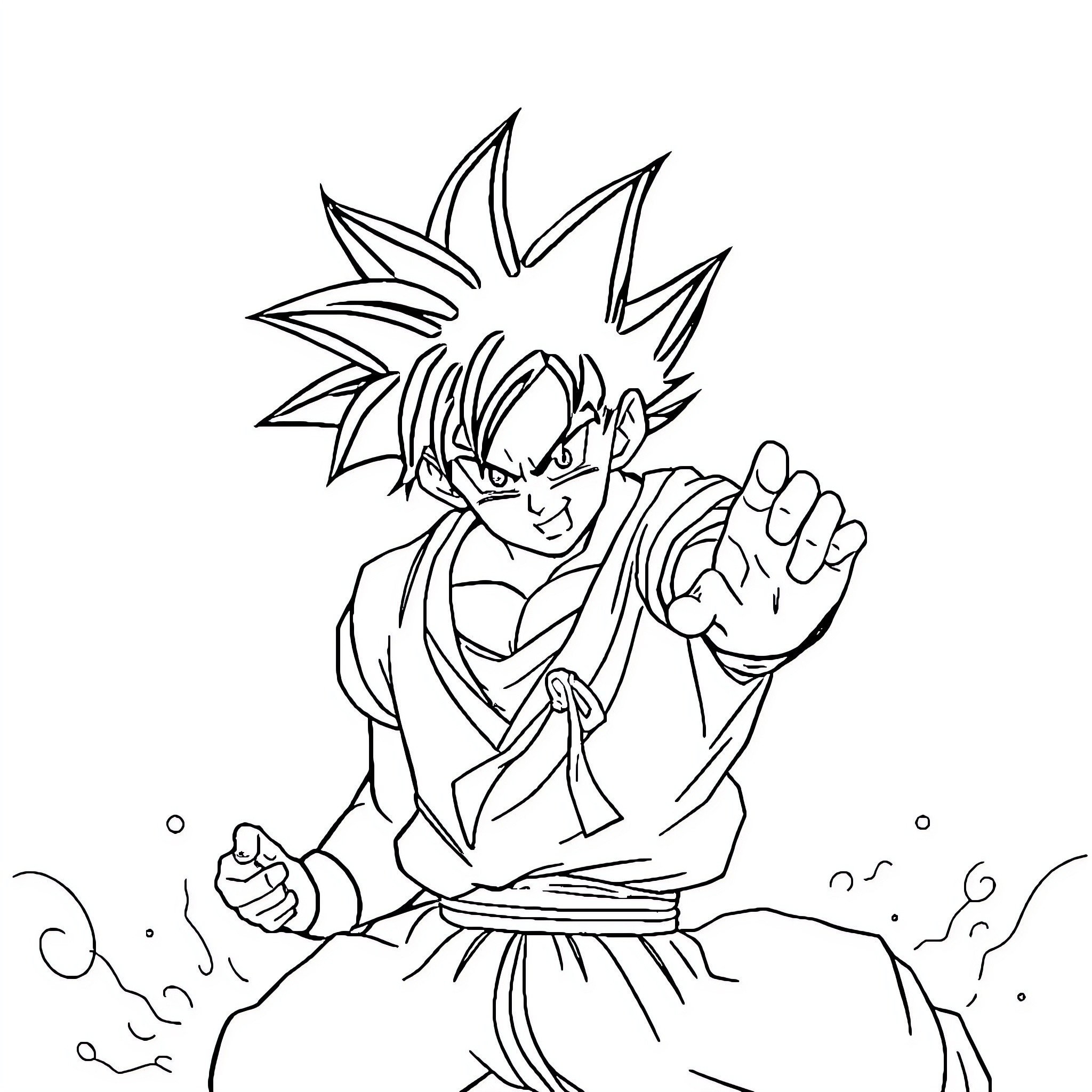 Son Goku in fighting stance with determined expression Coloring Page (free black-and-white line drawing printable PDF for all, from beginners to advanced learners, including children, teens, adults, and seniors)