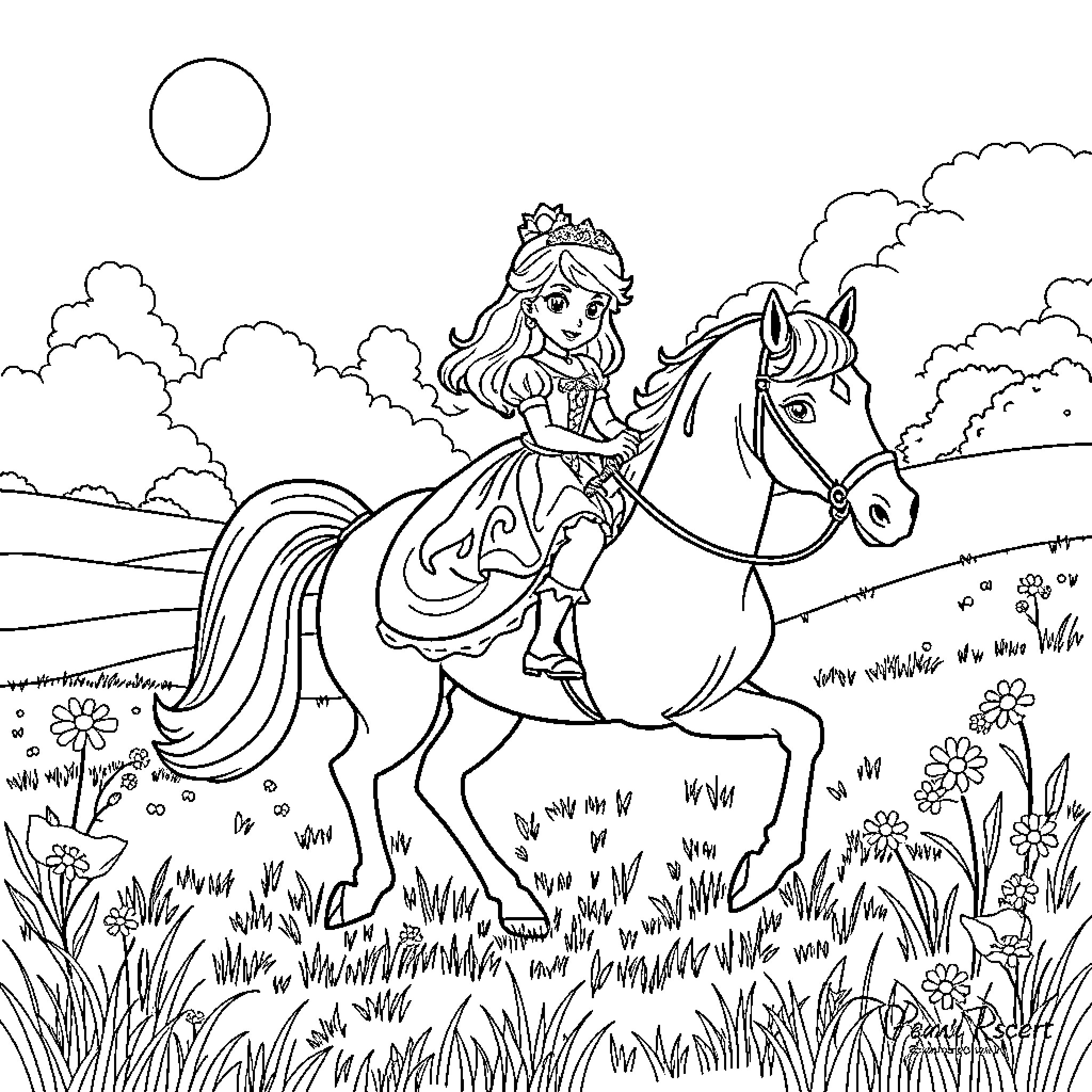 Princess Sofia riding a horse through a grassy field Coloring Page (free black-and-white line drawing printable PDF for all, from beginners to advanced learners, including children, teens, adults, and seniors)