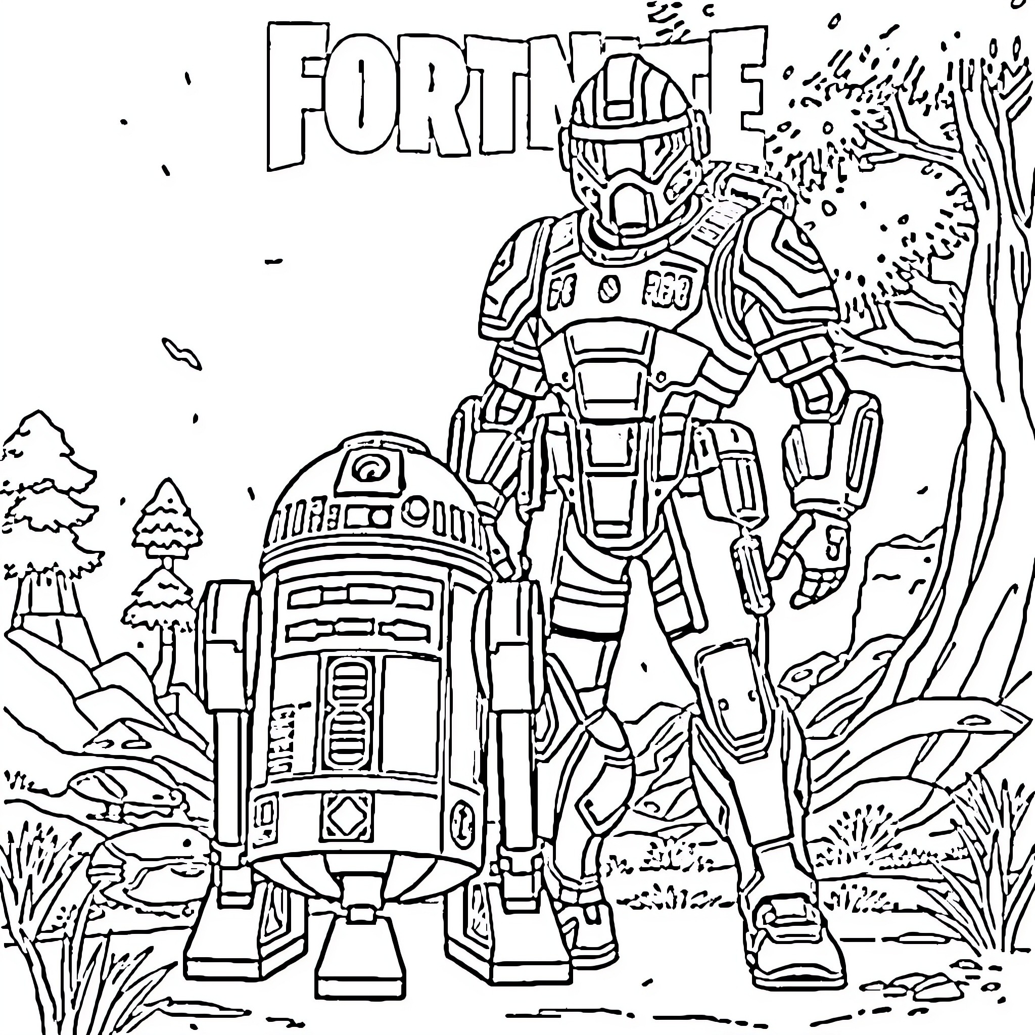 Mech Soldiers Exploring the Wilderness Coloring Page (free black-and-white line drawing printable PDF for all, from beginners to advanced learners, including children, teens, adults, and seniors)