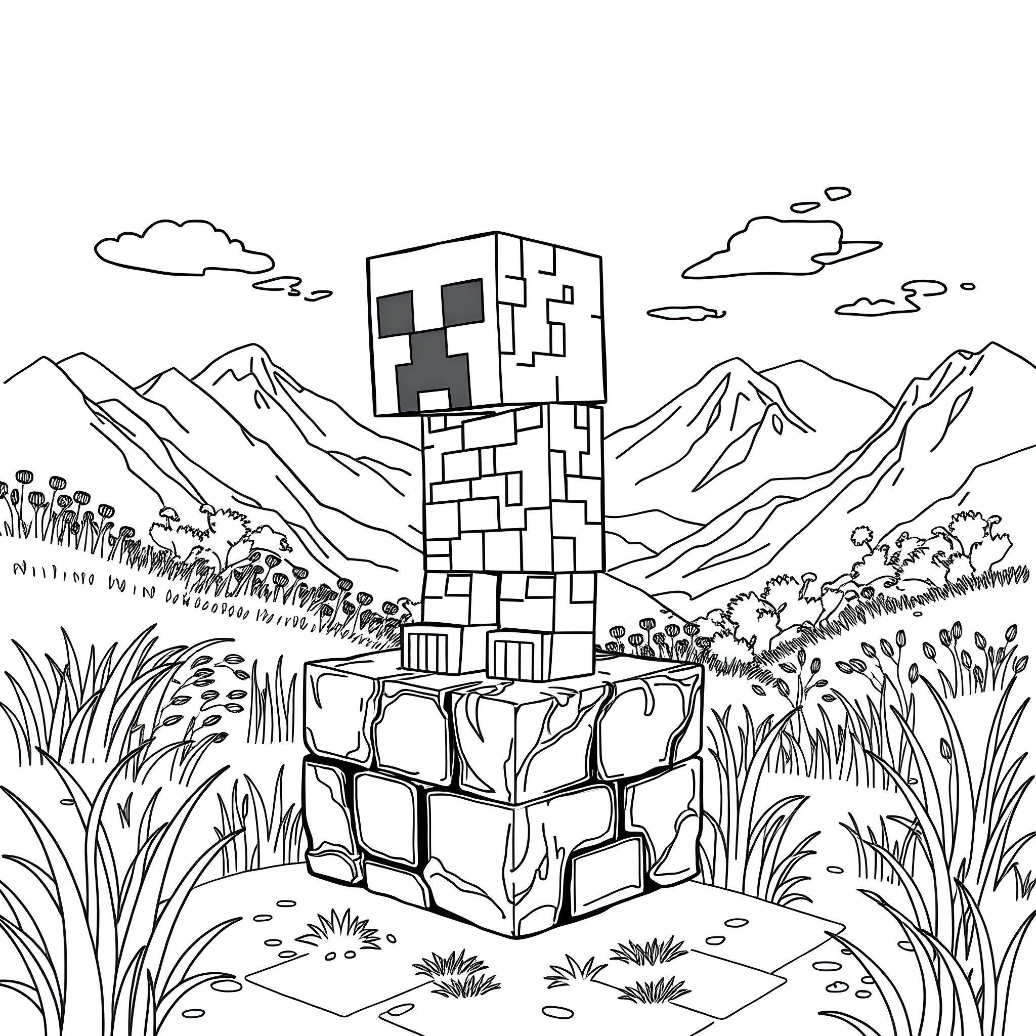 Creeper exploring the mountainous landscape Coloring Page (free black-and-white line drawing printable PDF for all, from beginners to advanced learners, including children, teens, adults, and seniors)