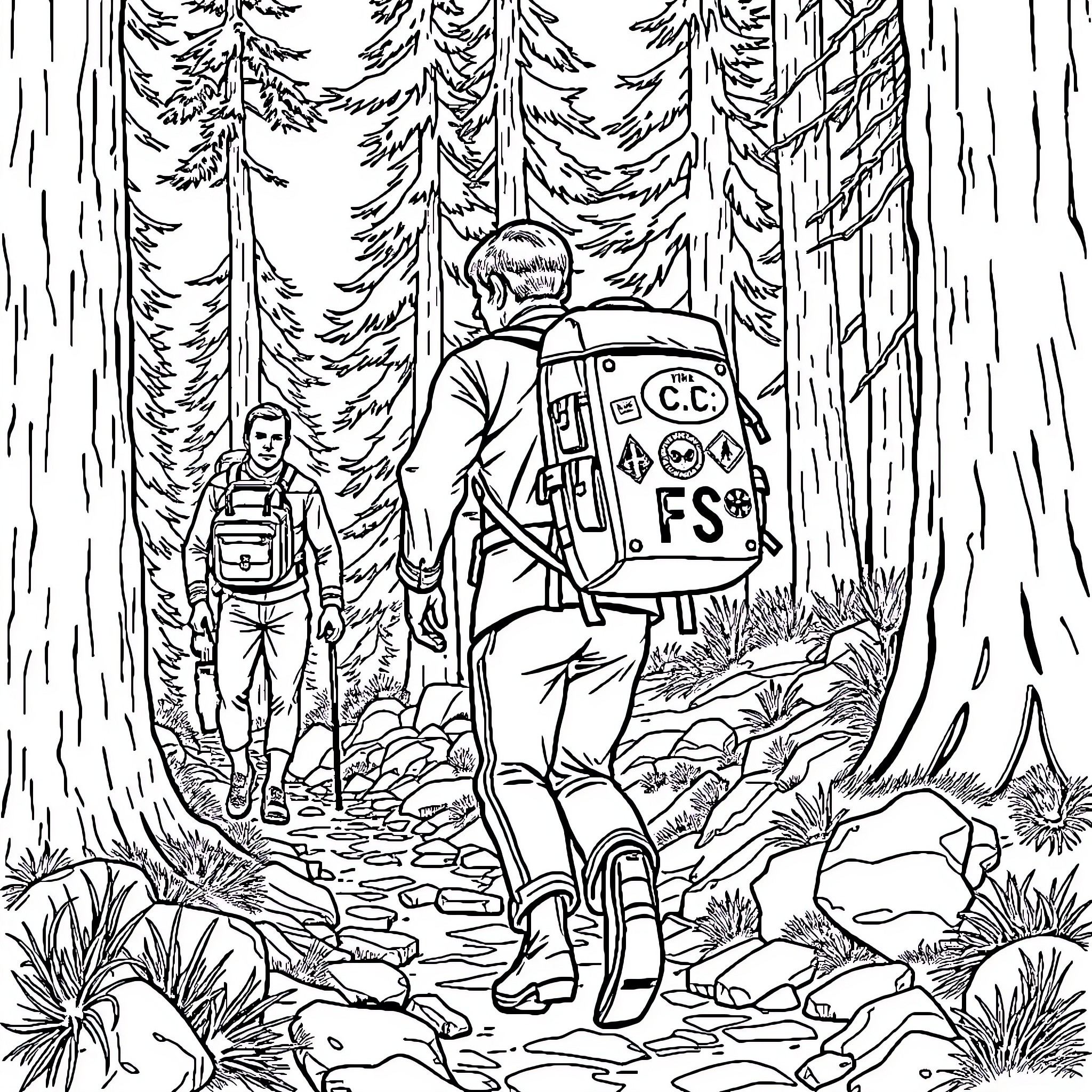 Leonard McCoy exploring an alien forest with a backpack Coloring Page (free black-and-white line drawing printable PDF for all, from beginners to advanced learners, including children, teens, adults, and seniors)