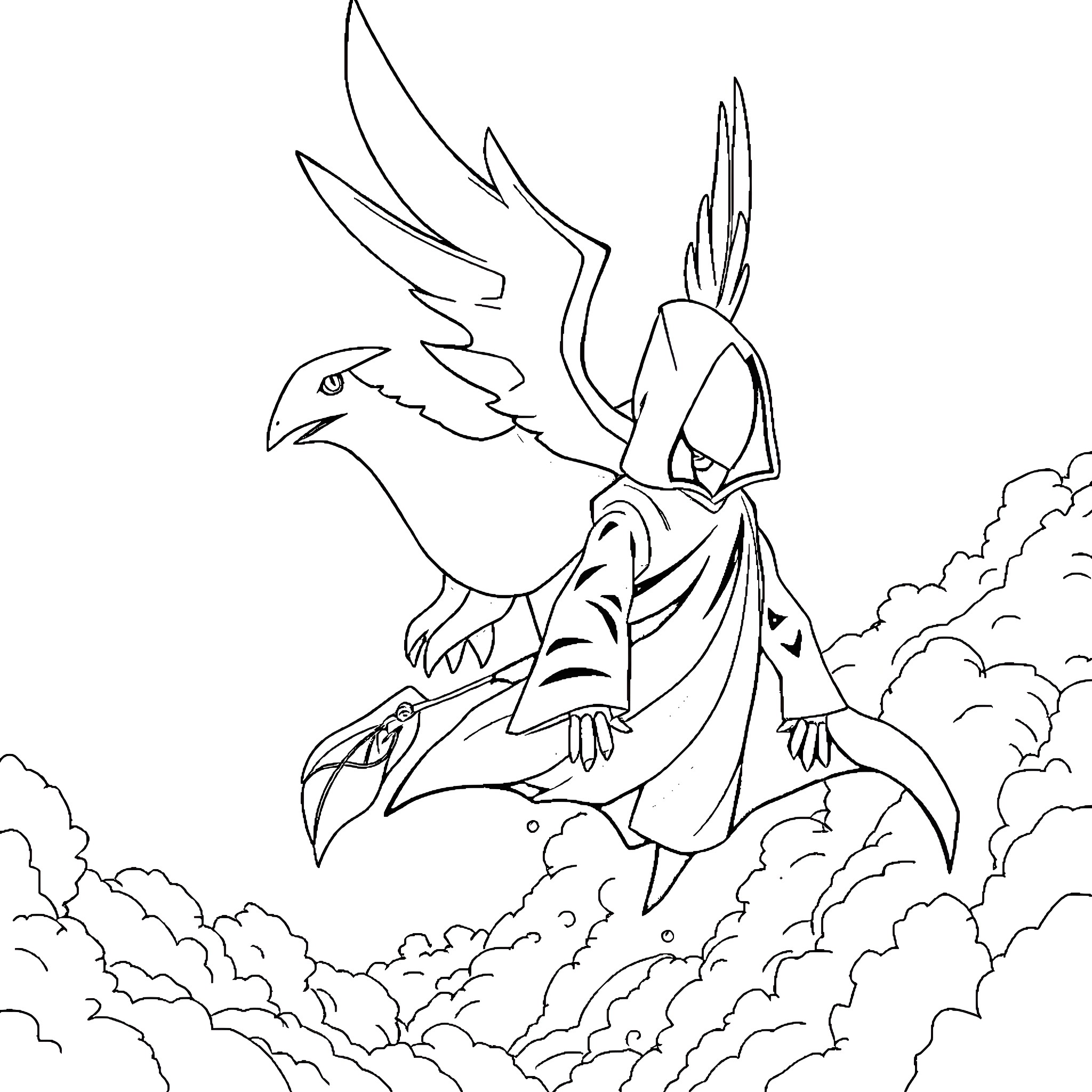 Zapdos soaring majestically through the clouds Coloring Page (free black-and-white line drawing printable PDF for all, from beginners to advanced learners, including children, teens, adults, and seniors)