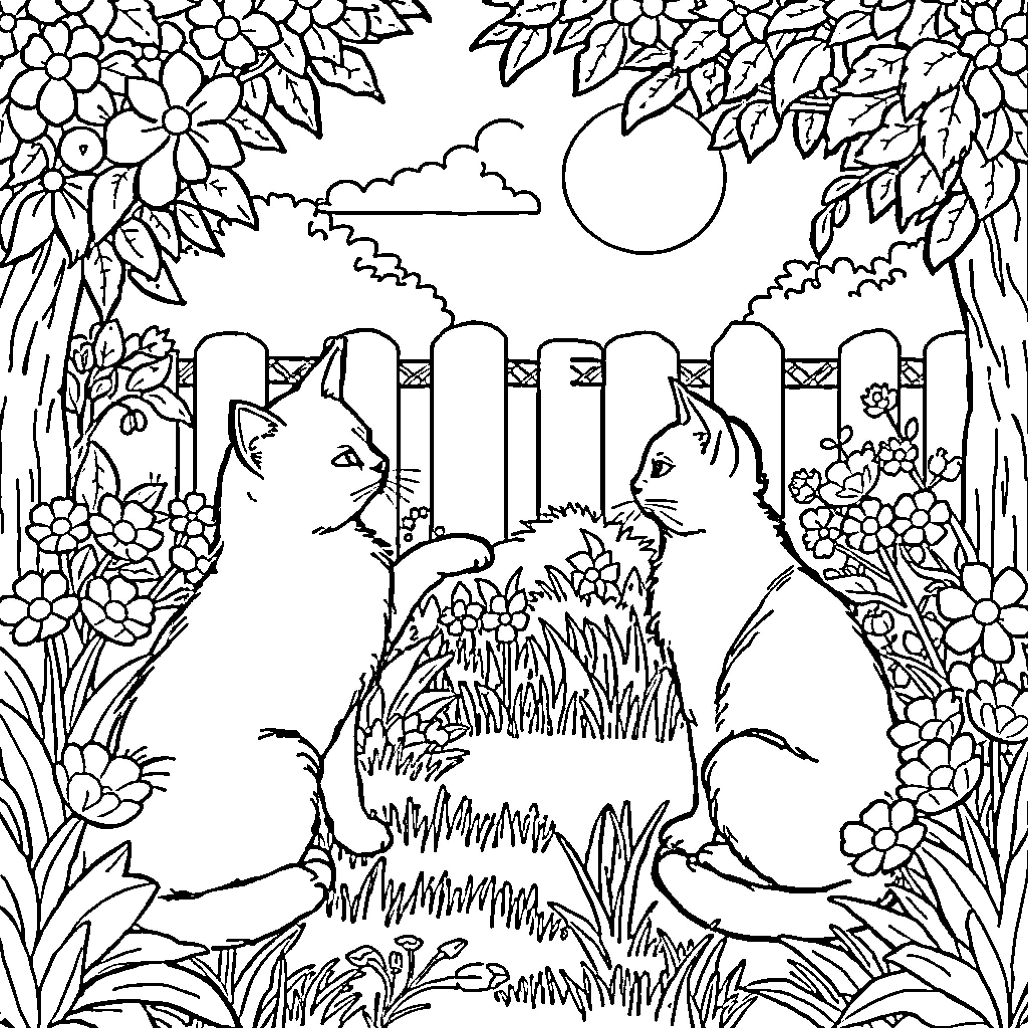 Cat friends in a flowery garden Coloring Page (free black-and-white line drawing printable PDF for all, from beginners to advanced learners, including children, teens, adults, and seniors)