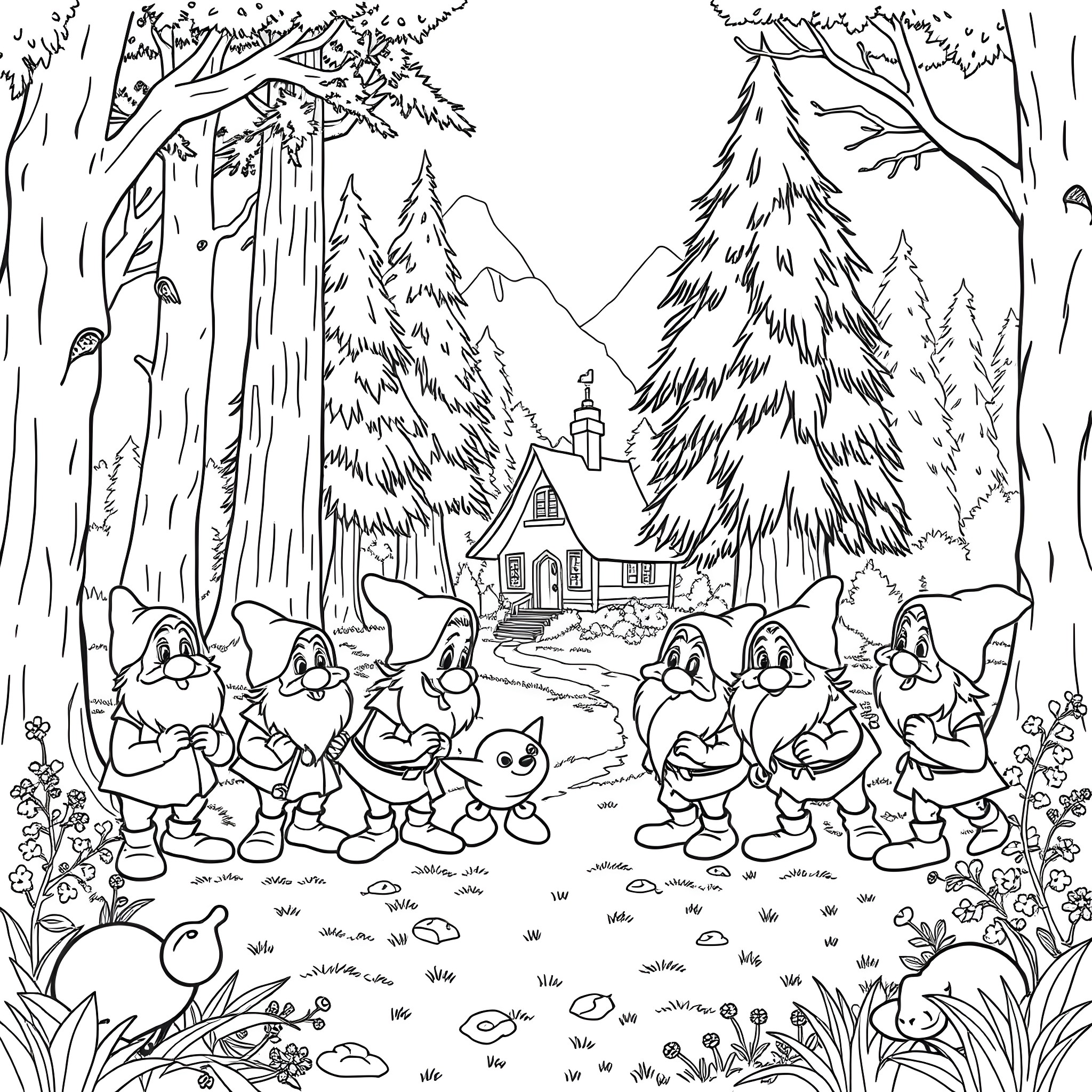 Dwarf miners exploring the enchanted forest Coloring Page (free black-and-white line drawing printable PDF for all, from beginners to advanced learners, including children, teens, adults, and seniors)