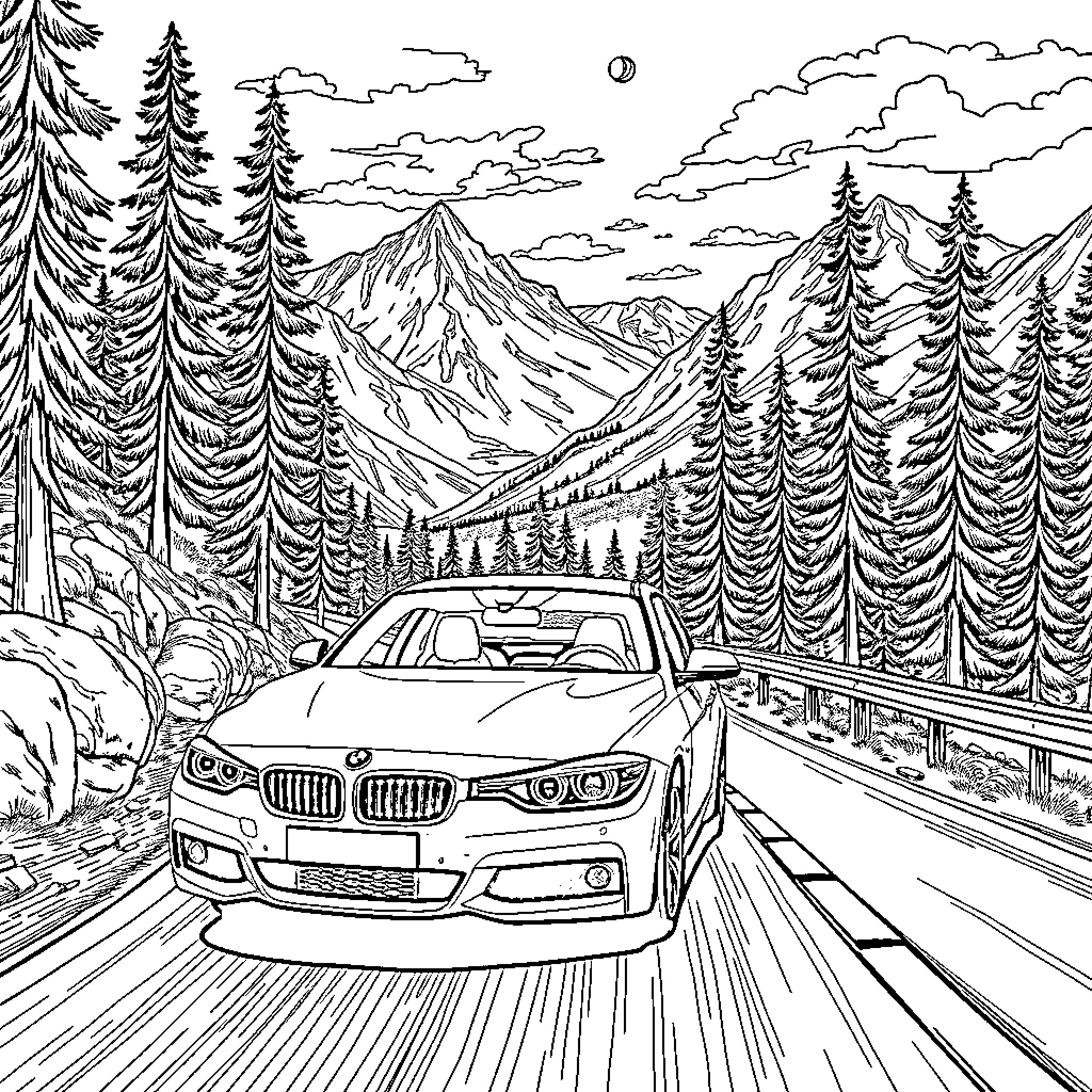 BMW drives through scenic mountain landscape Coloring Page (free black-and-white line drawing printable PDF for all, from beginners to advanced learners, including children, teens, adults, and seniors)