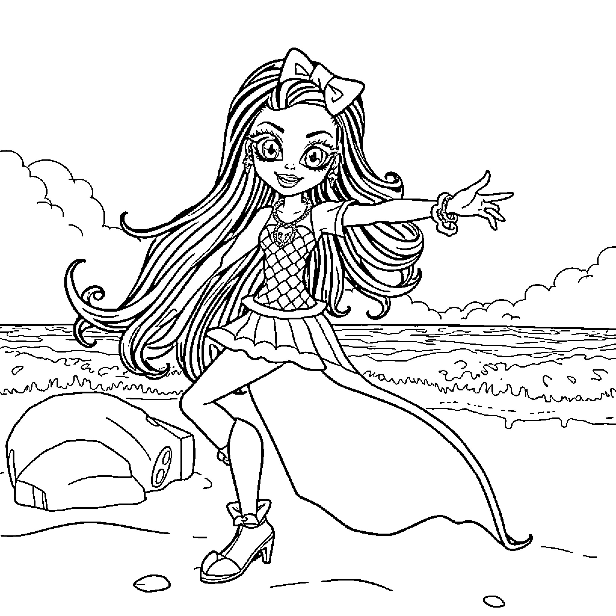 Clawdeen exploring the seaside with delight Coloring Page (free black-and-white line drawing printable PDF for all, from beginners to advanced learners, including children, teens, adults, and seniors)
