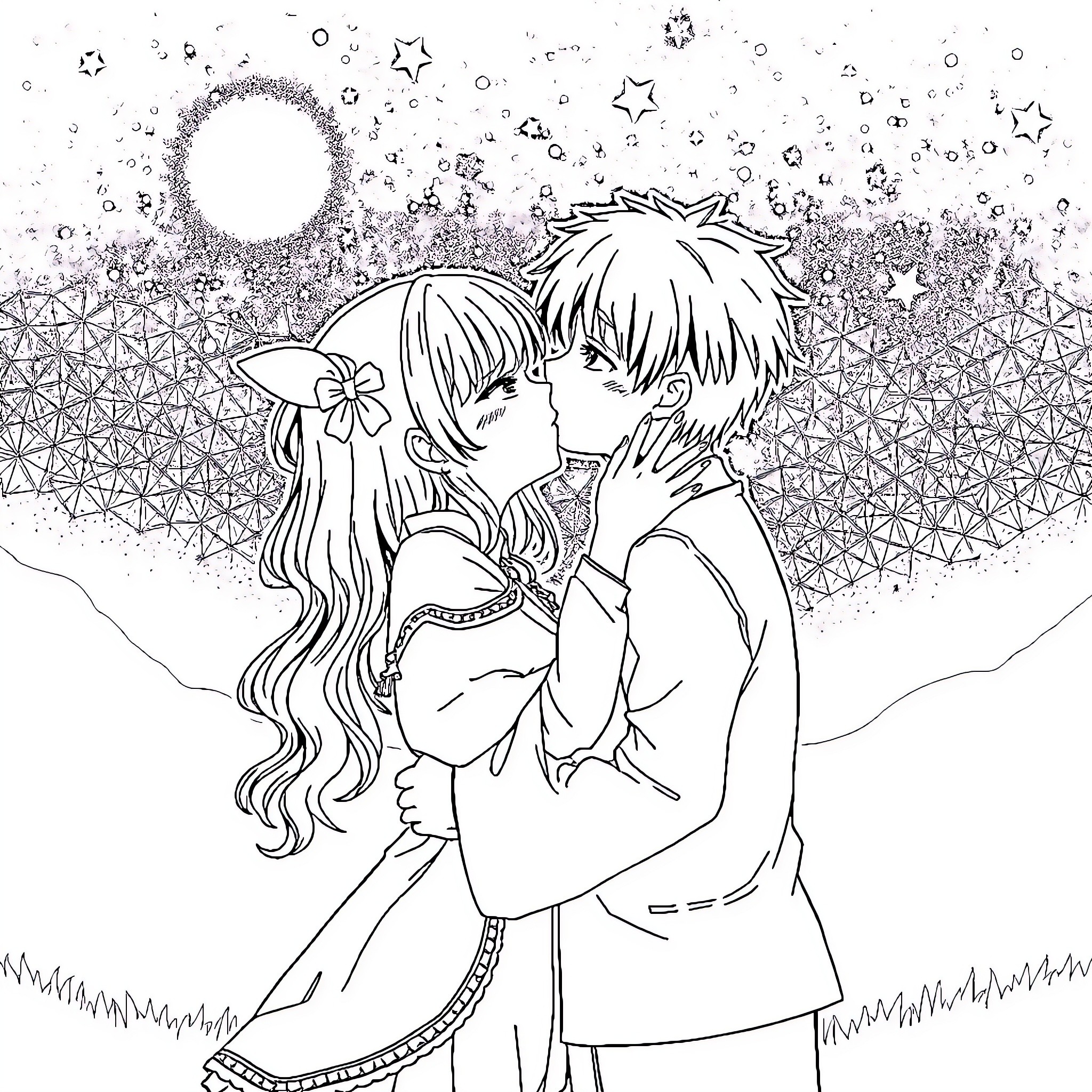 Mitsuri Kanroji in a romantic embrace under the stars Coloring Page (free black-and-white line drawing printable PDF for all, from beginners to advanced learners, including children, teens, adults, and seniors)