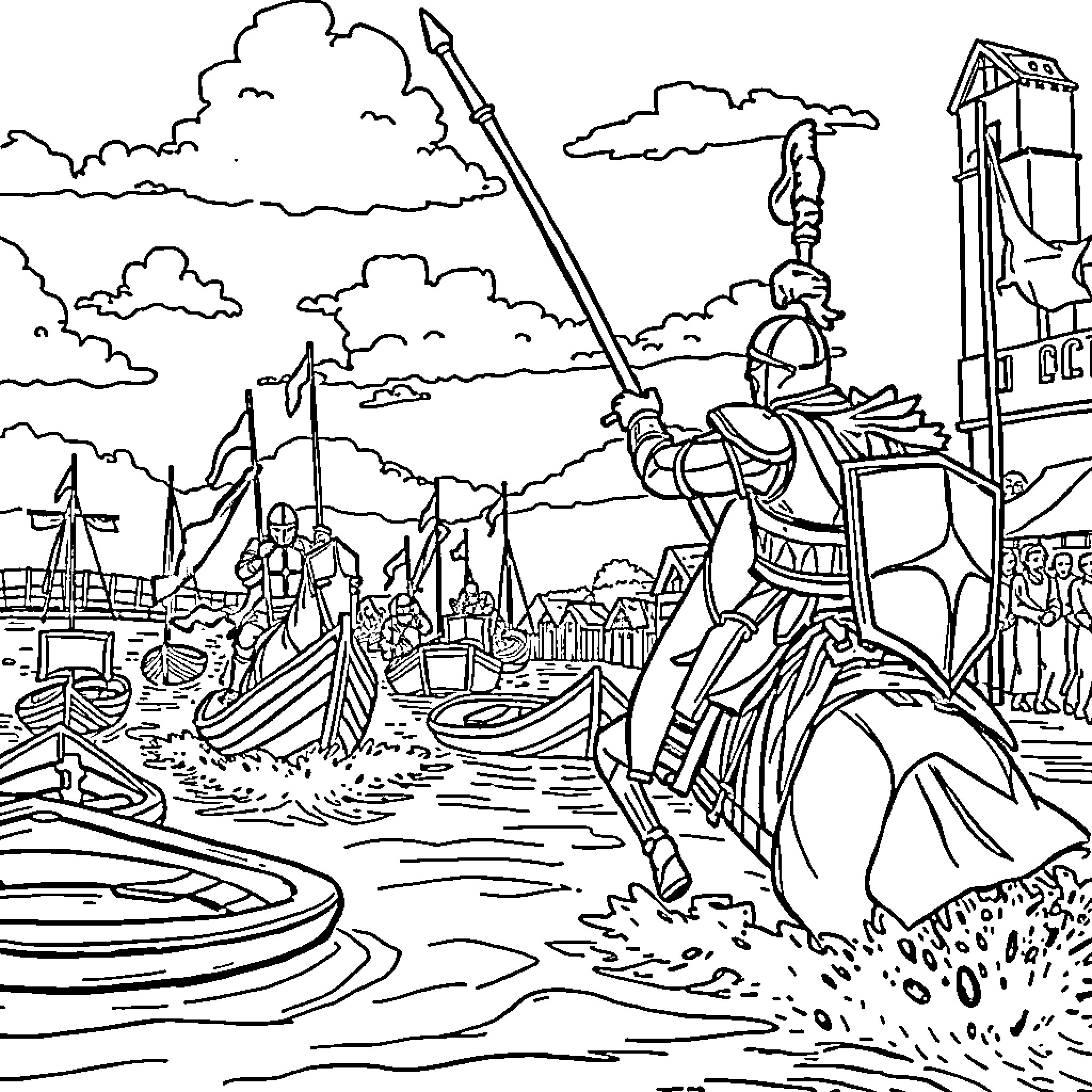 Joute of Medieval Ships and Armored Knights Coloring Page (free black-and-white line drawing printable PDF for all, from beginners to advanced learners, including children, teens, adults, and seniors)