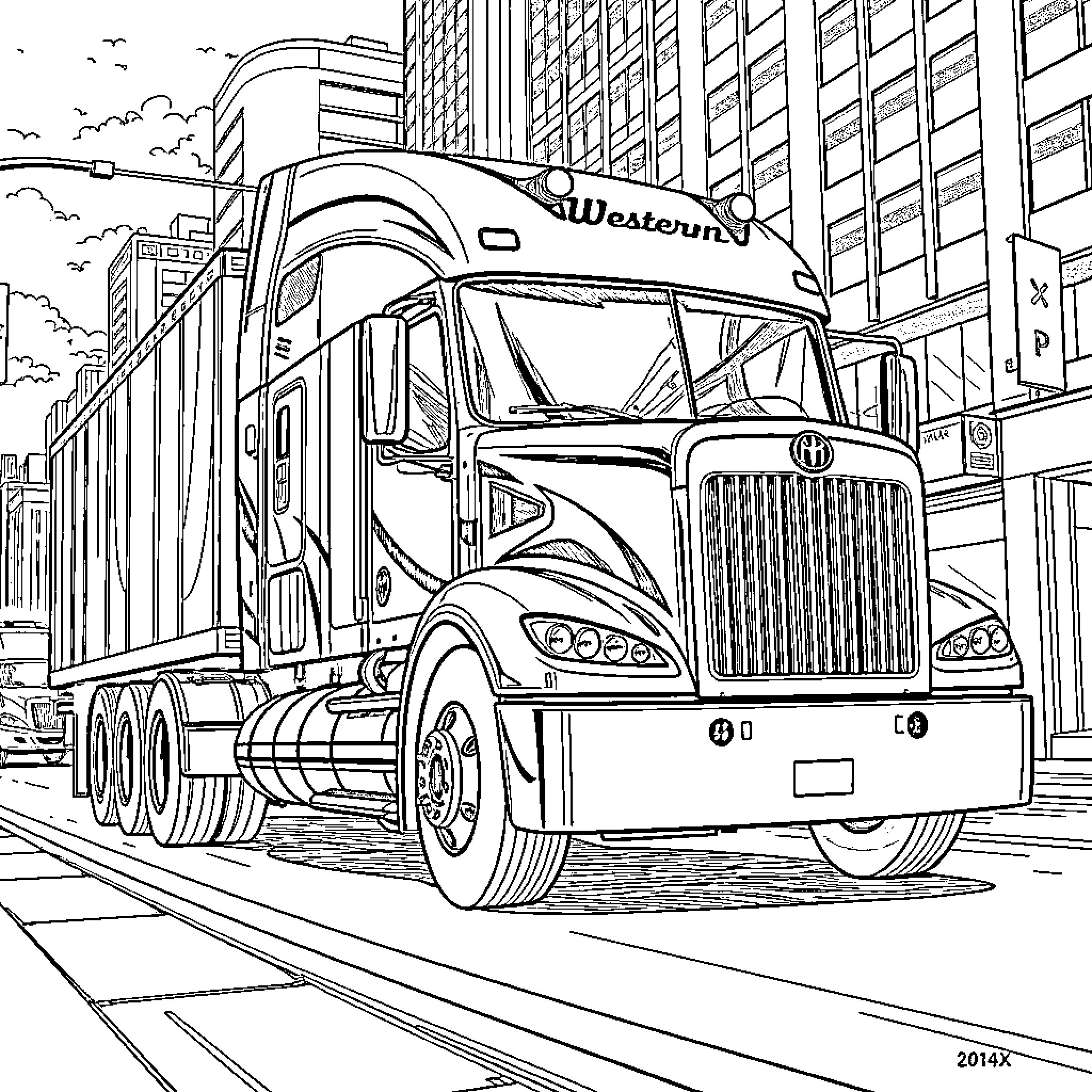 Spider-Man riding on Western semi-truck in the city Coloring Page (free black-and-white line drawing printable PDF for all, from beginners to advanced learners, including children, teens, adults, and seniors)
