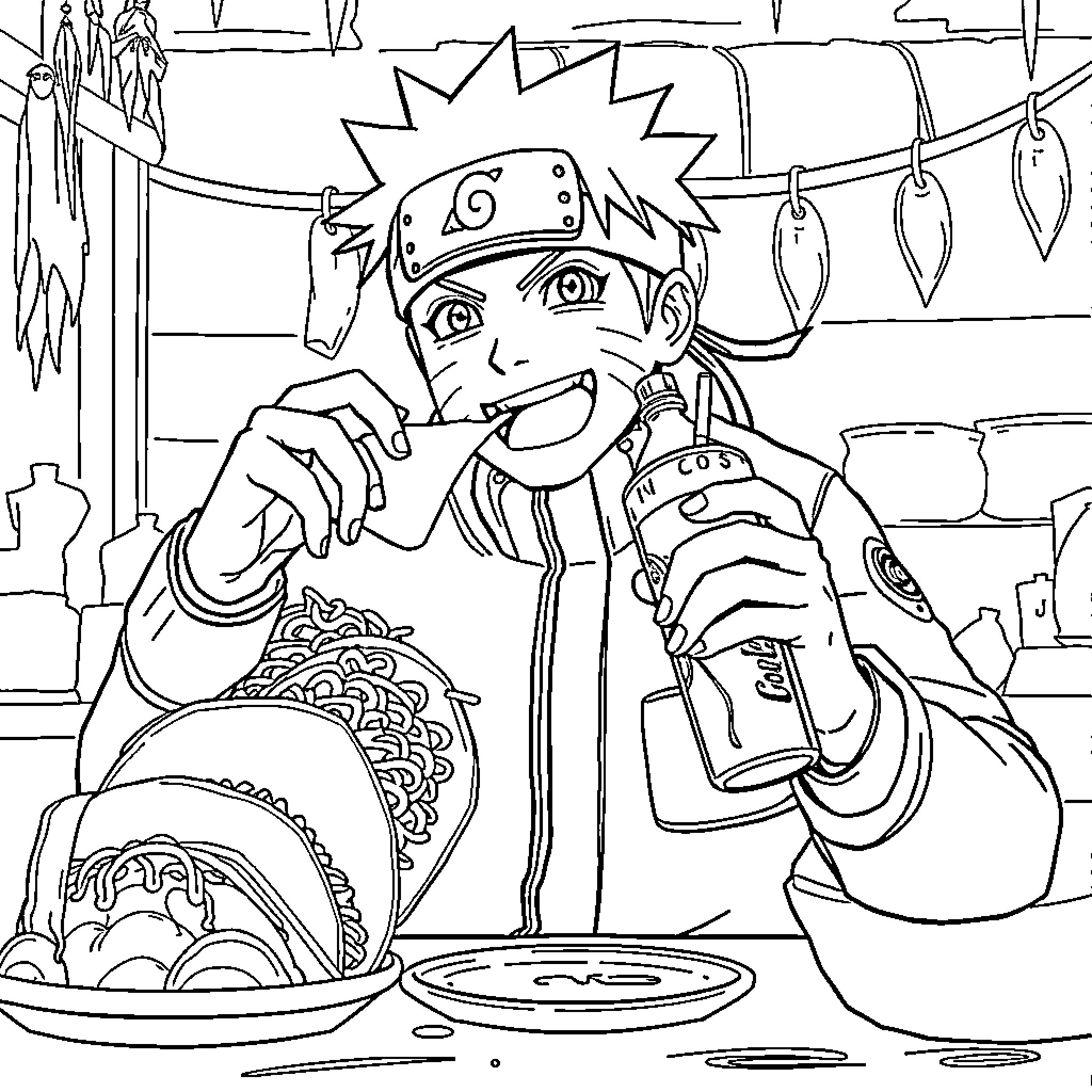 Naruto enjoying a delicious meal at a ramen shop Coloring Page (free black-and-white line drawing printable PDF for all, from beginners to advanced learners, including children, teens, adults, and seniors)