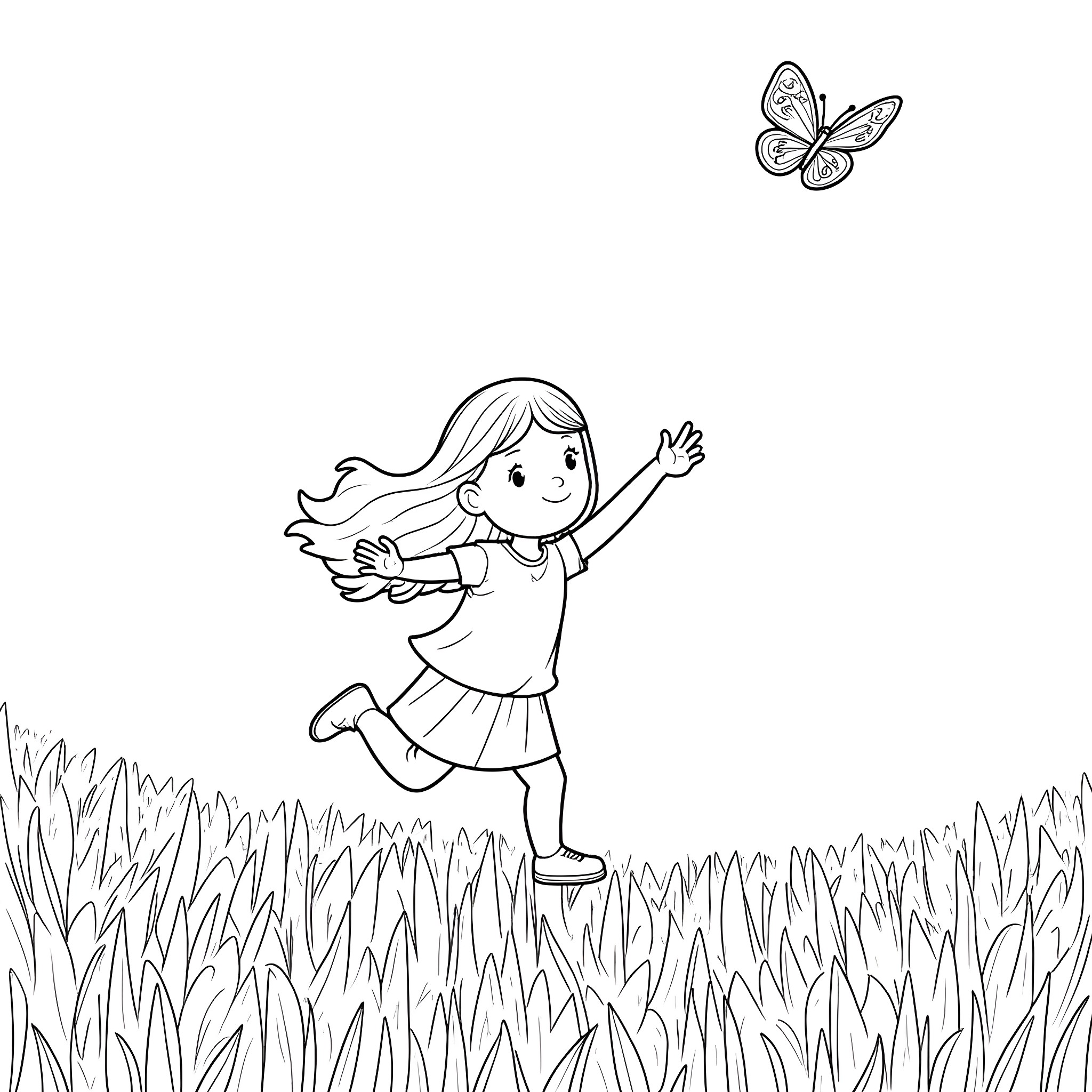 Girl chasing butterfly in grassy field Coloring Page (free black-and-white line drawing printable PDF for all, from beginners to advanced learners, including children, teens, adults, and seniors)