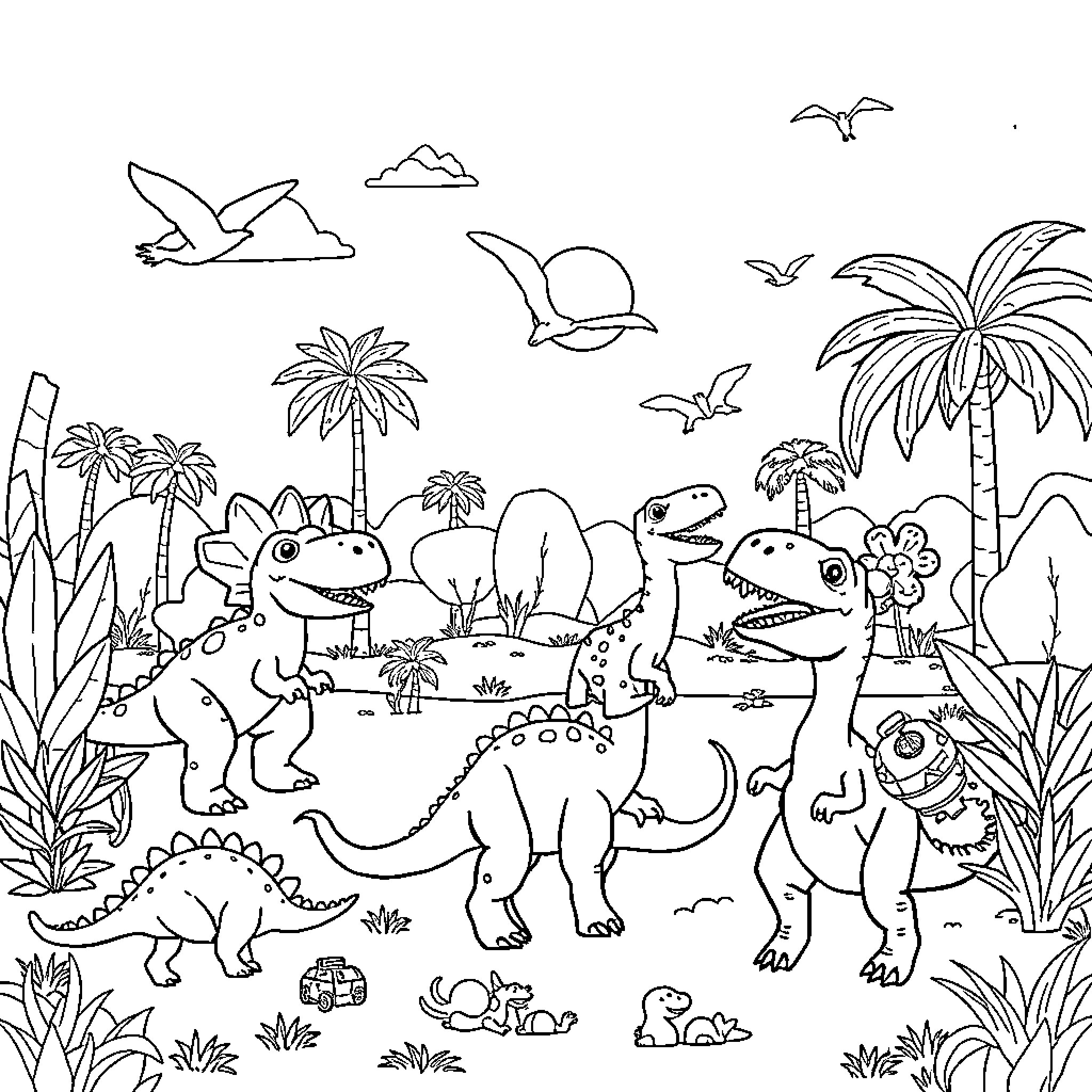 Dinosaurs exploring the prehistoric landscape Coloring Page (free black-and-white line drawing printable PDF for all, from beginners to advanced learners, including children, teens, adults, and seniors)