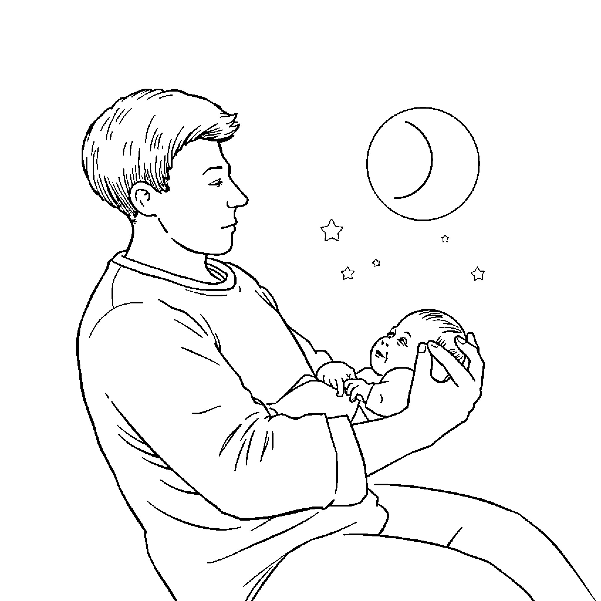 Father gazing tenderly at sleeping infant in starry night Coloring Page (free black-and-white line drawing printable PDF for all, from beginners to advanced learners, including children, teens, adults, and seniors)