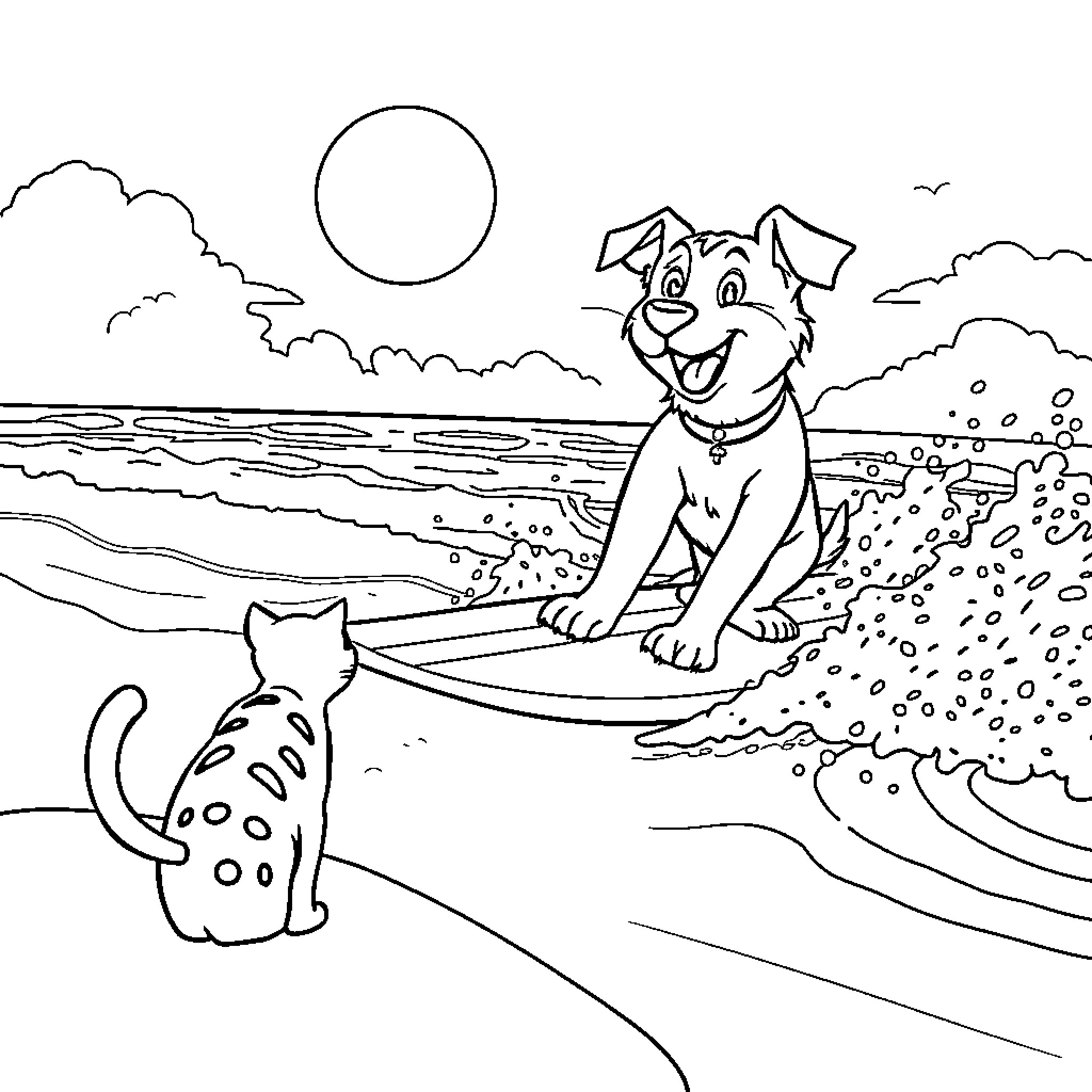 Dog playing happily with cat on the beach Coloring Page (free black-and-white line drawing printable PDF for all, from beginners to advanced learners, including children, teens, adults, and seniors)