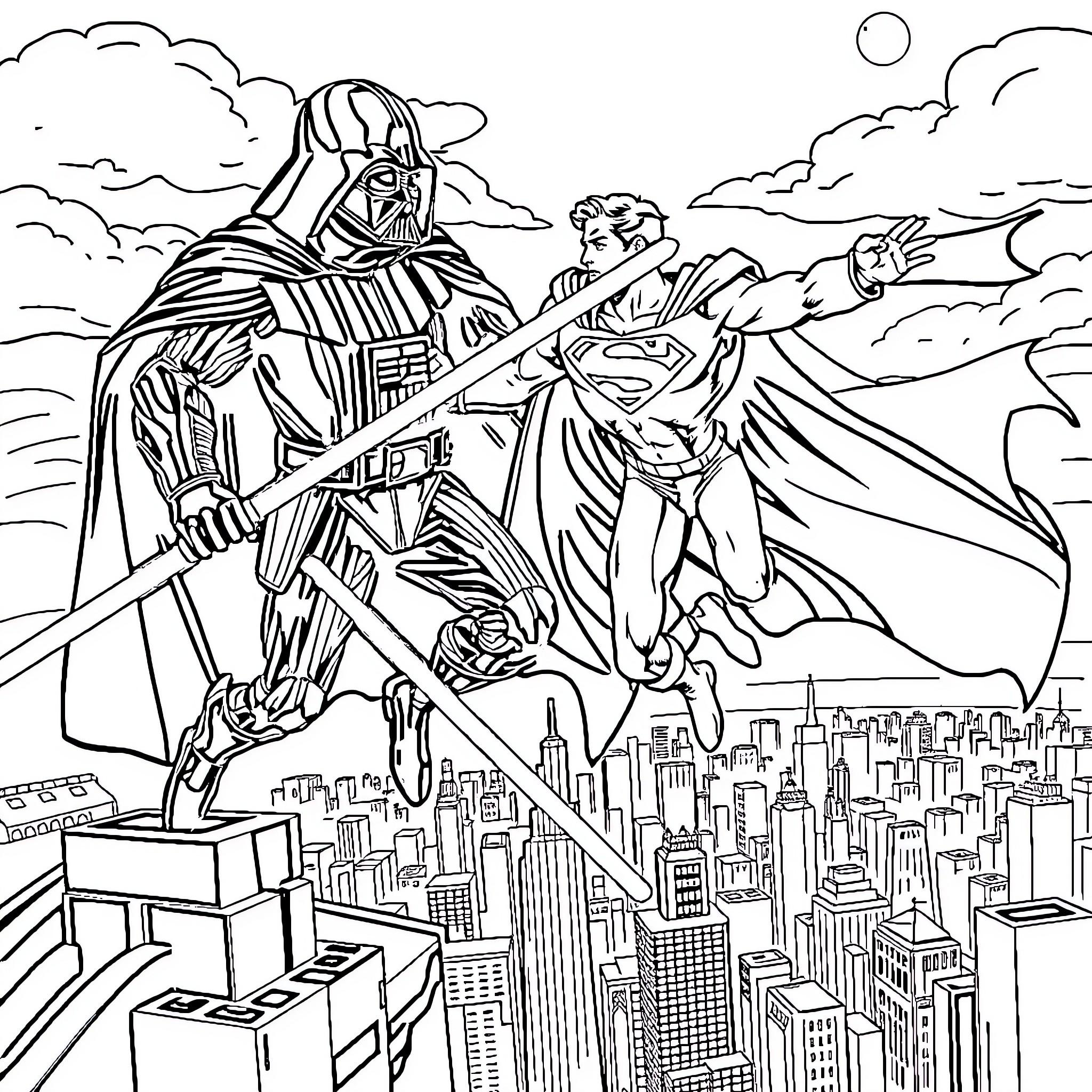 Darth Vader and Superman face off in an epic battle Coloring Page (free black-and-white line drawing printable PDF for all, from beginners to advanced learners, including children, teens, adults, and seniors)