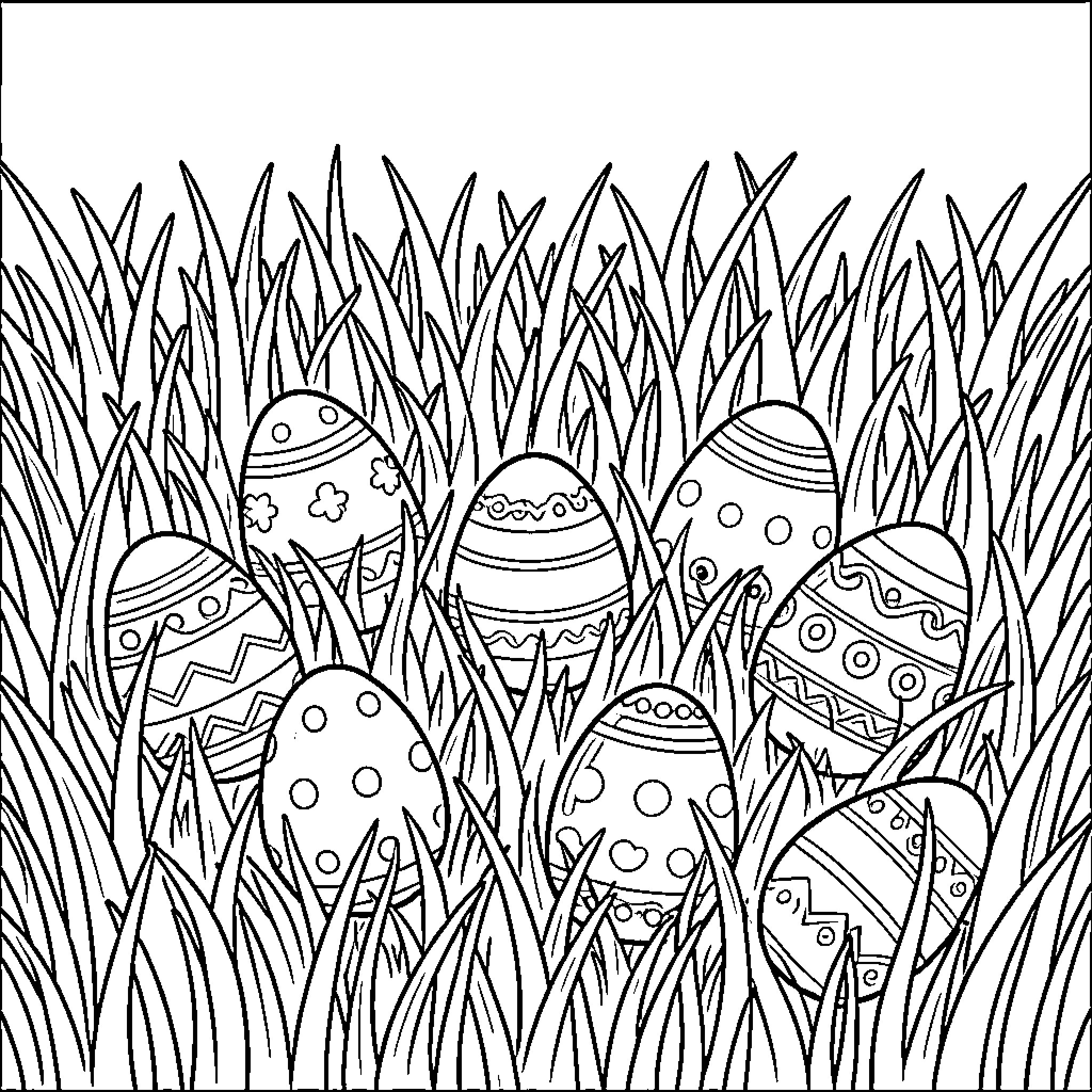 Easter Egg Decorating in the Grass Coloring Page (free black-and-white line drawing printable PDF for all, from beginners to advanced learners, including children, teens, adults, and seniors)