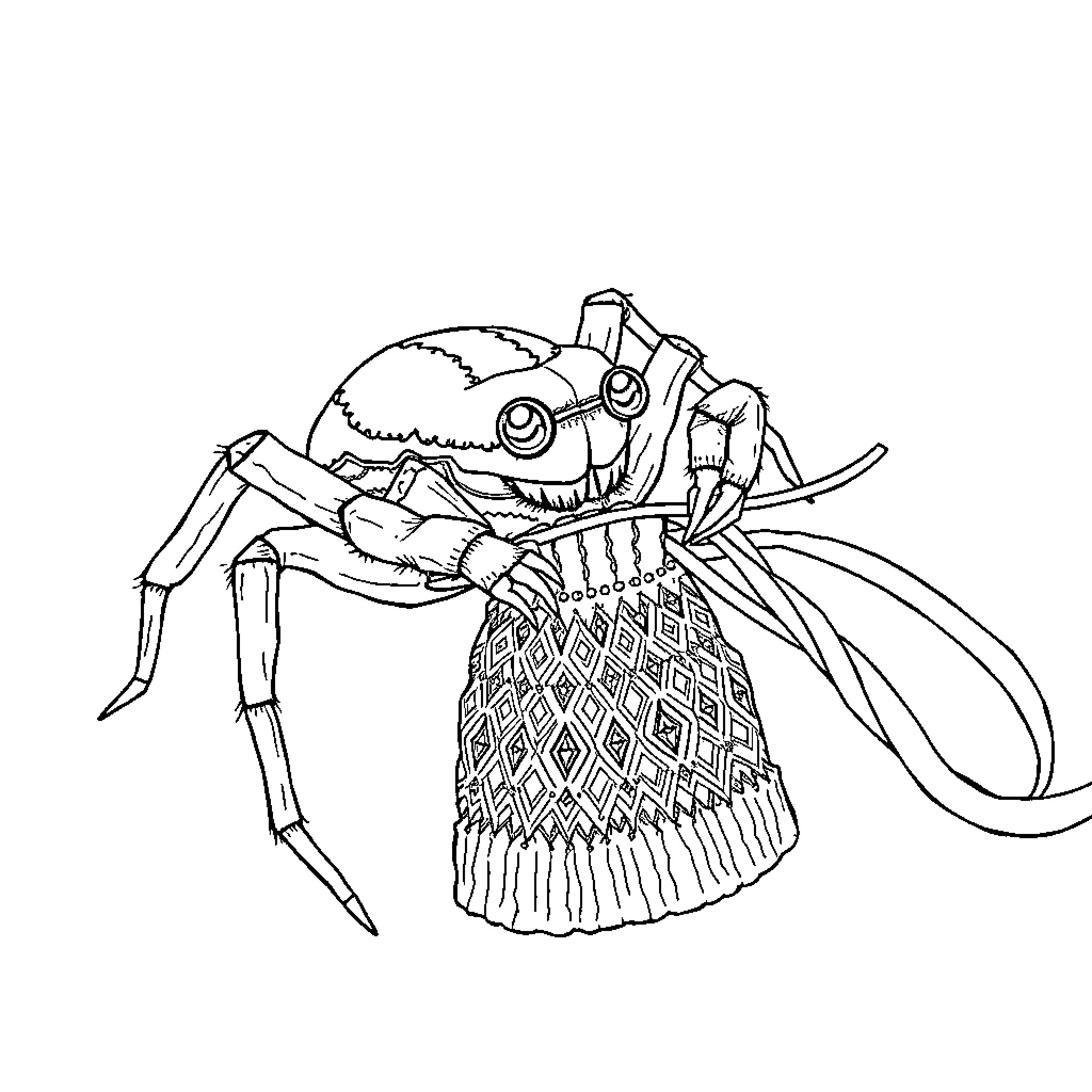 Spider with Mechanical Limbs and Patterned Fabric Coloring Page (free black-and-white line drawing printable PDF for all, from beginners to advanced learners, including children, teens, adults, and seniors)