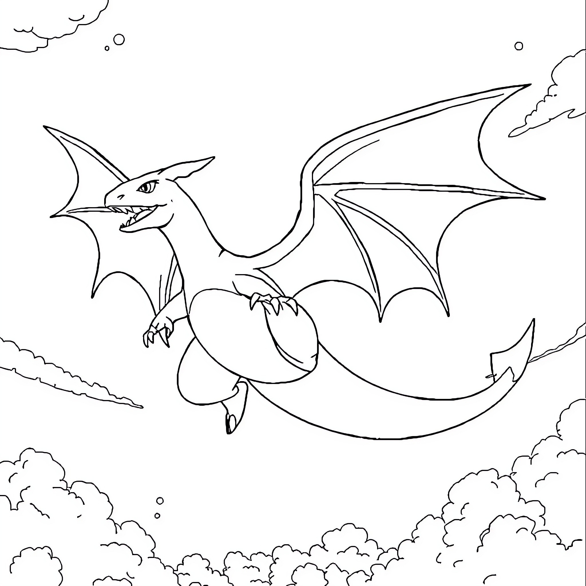 Charizard flying fiercely through the clouds Coloring Page (free black-and-white line drawing printable PDF for all, from beginners to advanced learners, including children, teens, adults, and seniors)
