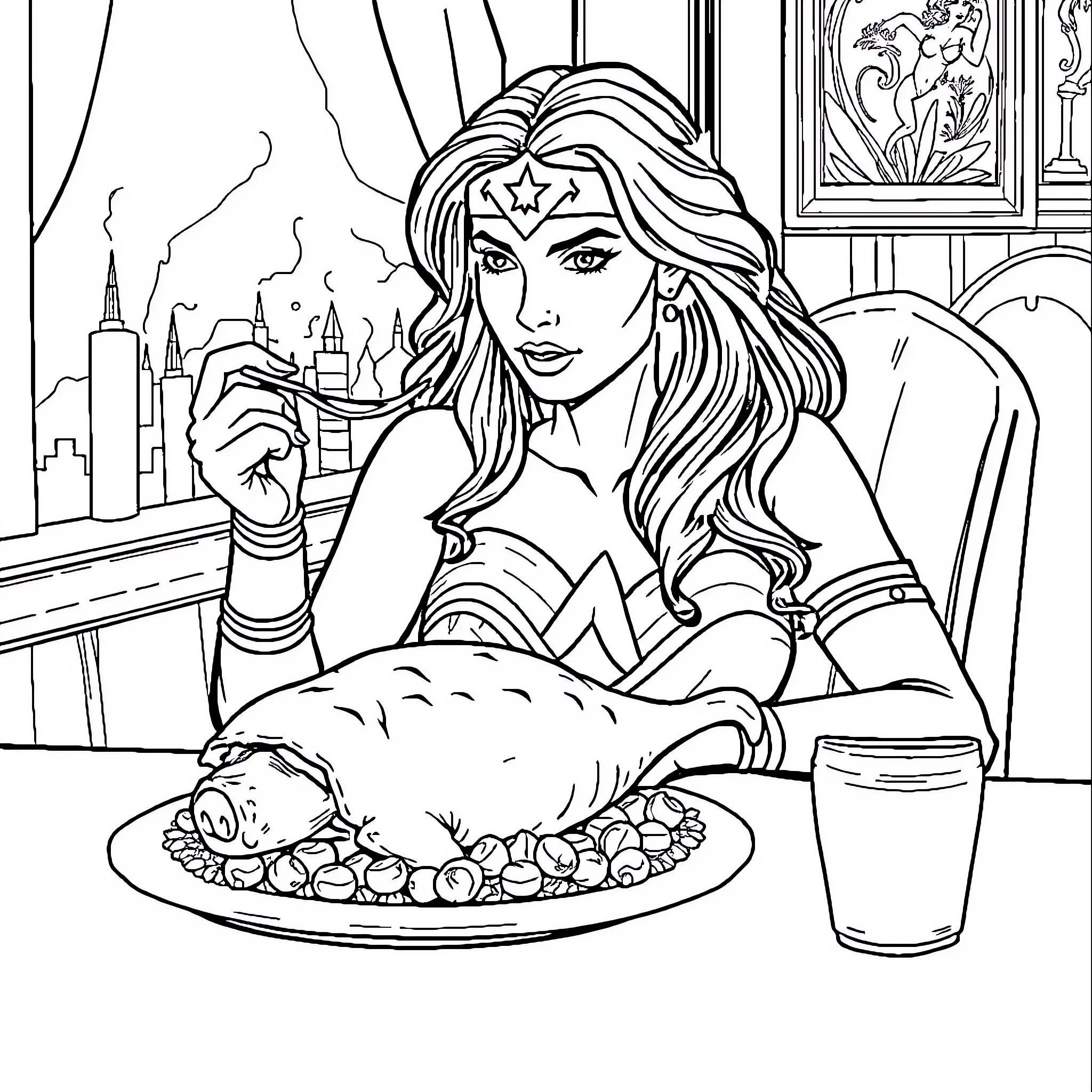 Wonder Woman Enjoying a Meal in Her Iconic Costume Coloring Page (free black-and-white line drawing printable PDF for all, from beginners to advanced learners, including children, teens, adults, and seniors)