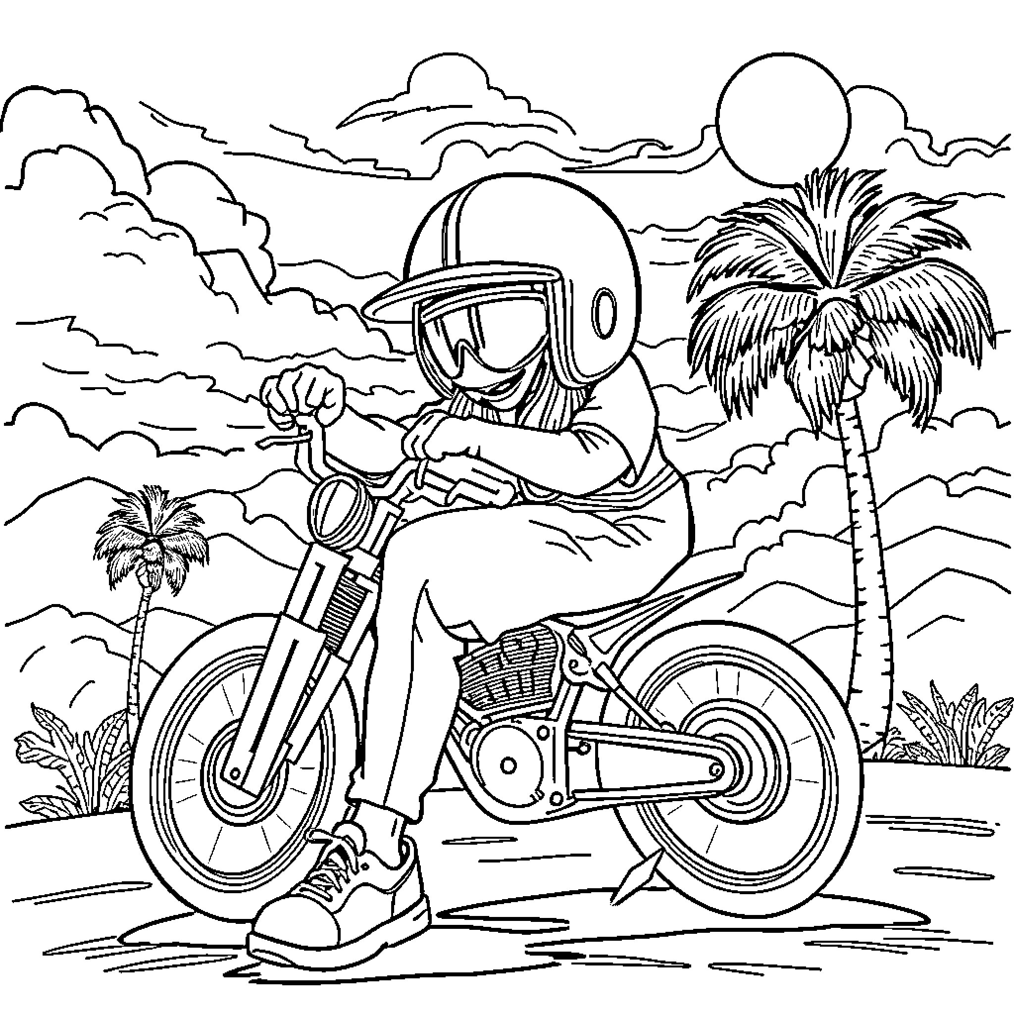 L.A. Fiber: Biker cruising through tropical scenery Coloring Page (free black-and-white line drawing printable PDF for all, from beginners to advanced learners, including children, teens, adults, and seniors)