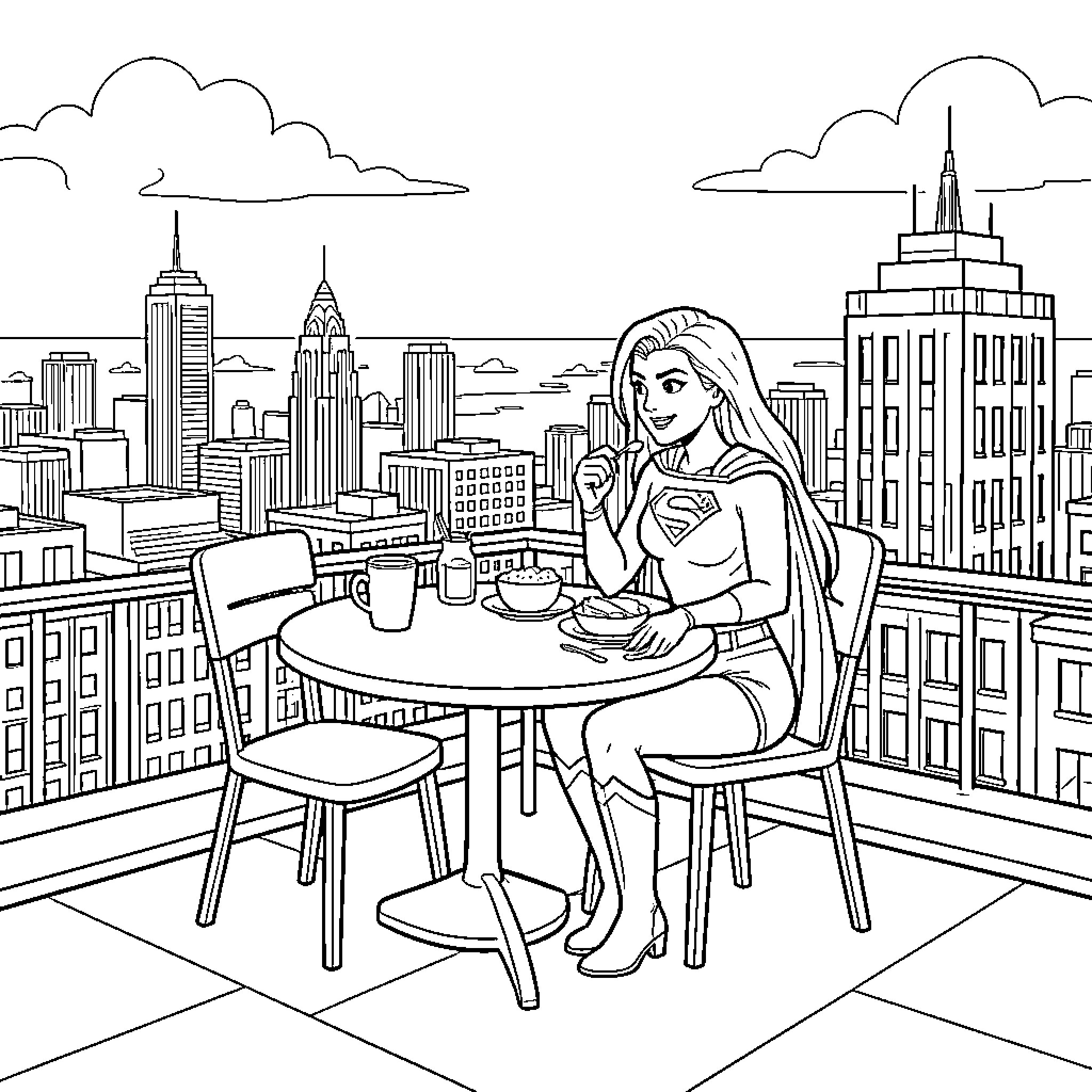 Supergirl sitting at a cafe table overlooking the city Coloring Page (free black-and-white line drawing printable PDF for all, from beginners to advanced learners, including children, teens, adults, and seniors)