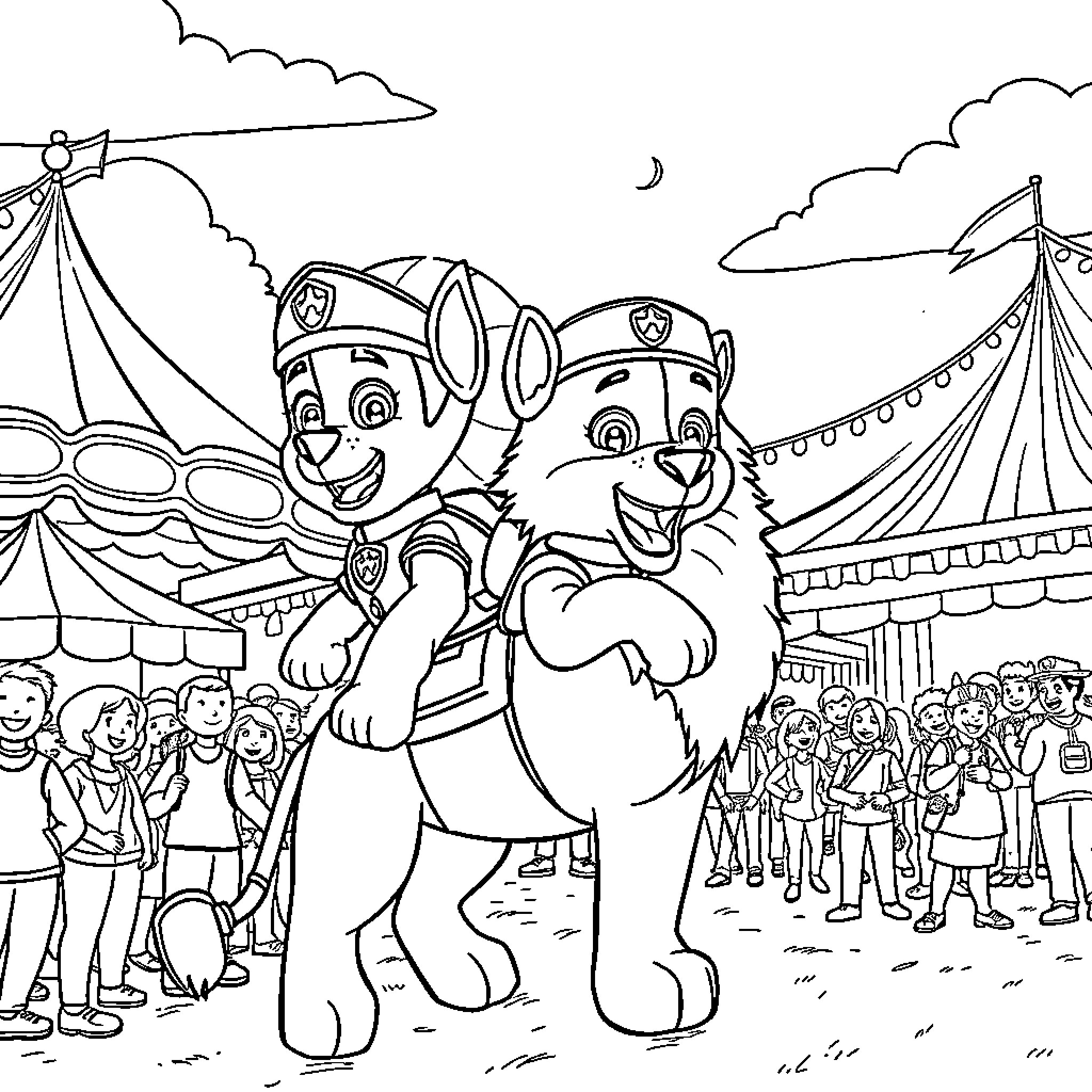 Lion-themed pups at the carnival festival Coloring Page (free black-and-white line drawing printable PDF for all, from beginners to advanced learners, including children, teens, adults, and seniors)