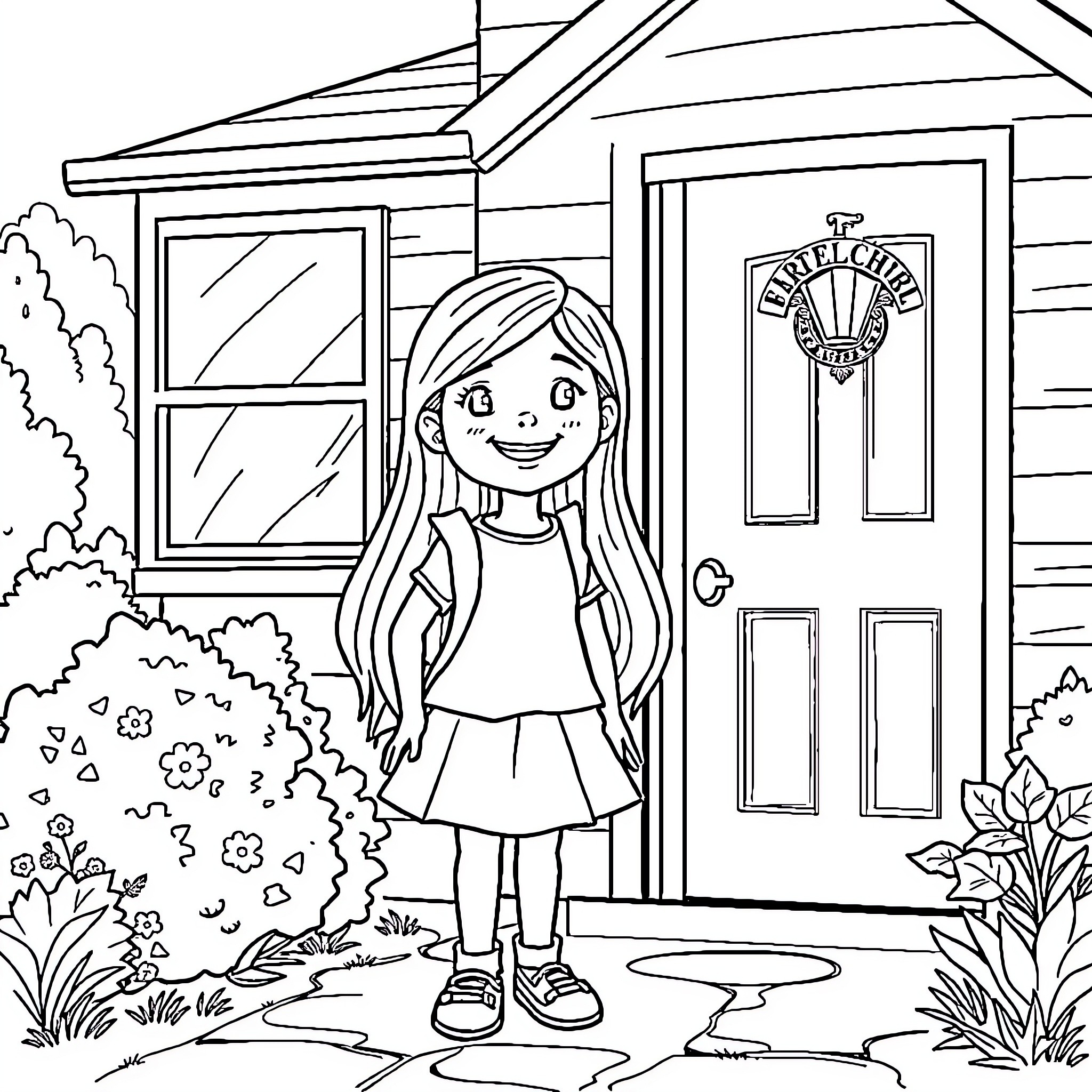 Girl exploring outdoor scenery near her home Coloring Page (free black-and-white line drawing printable PDF for all, from beginners to advanced learners, including children, teens, adults, and seniors)