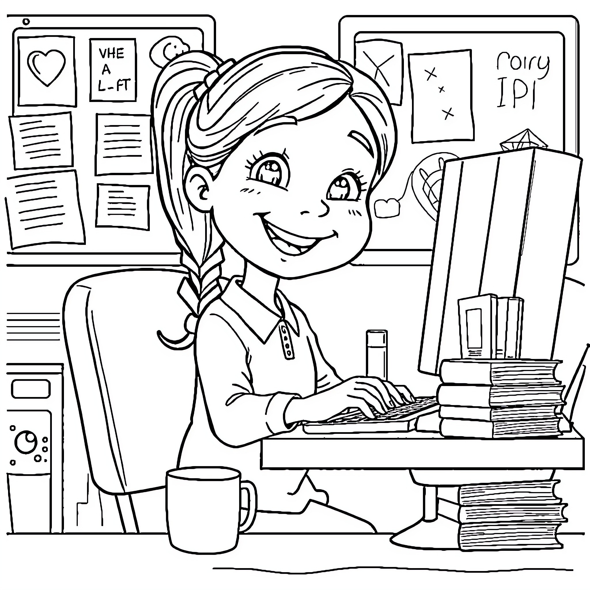 Girl Typing at Desk in Classroom Coloring Page (free black-and-white line drawing printable PDF for all, from beginners to advanced learners, including children, teens, adults, and seniors)