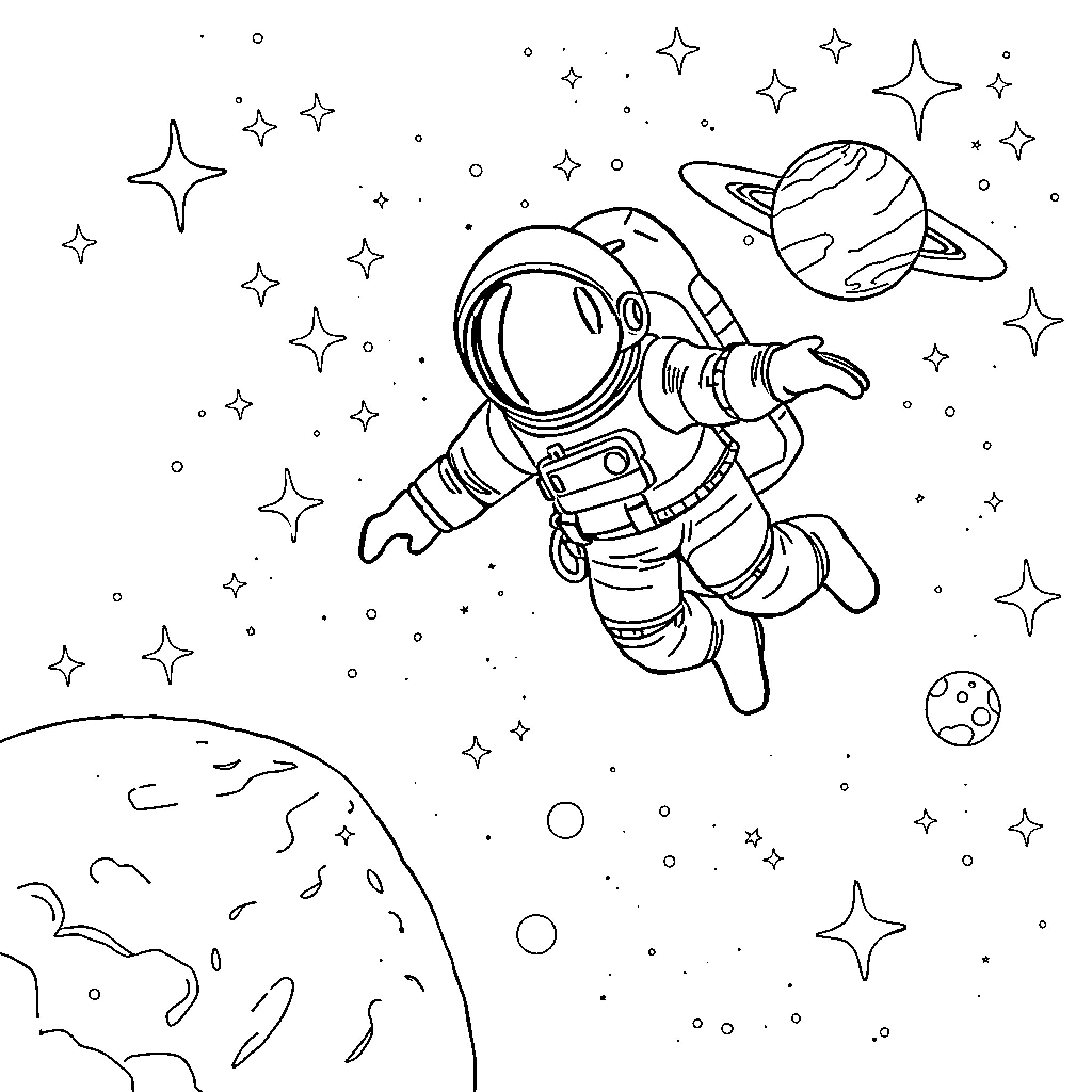 Astronaut exploring the wonders of space Coloring Page (free black-and-white line drawing printable PDF for all, from beginners to advanced learners, including children, teens, adults, and seniors)