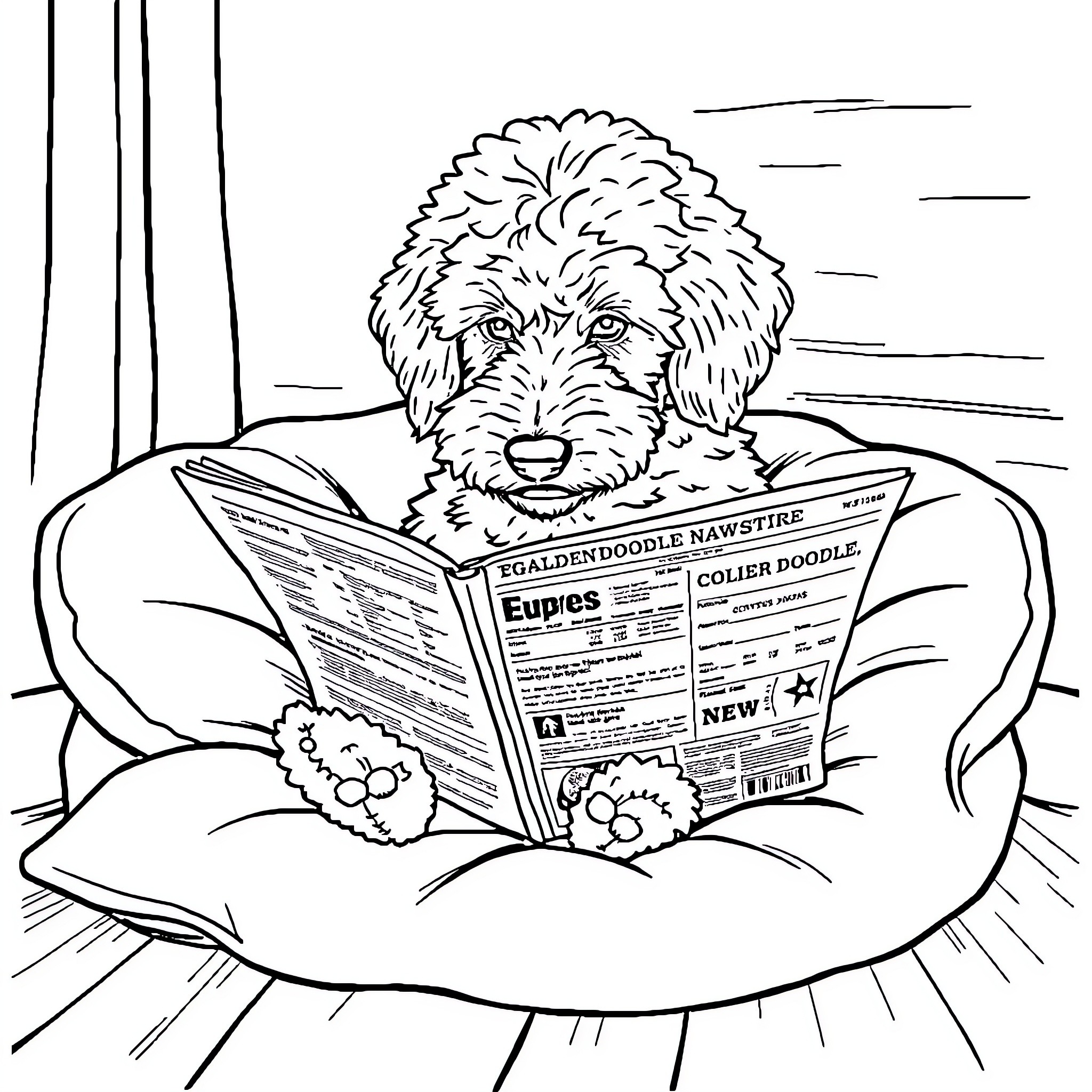 Goldendoodle reading the newspaper intently Coloring Page (free black-and-white line drawing printable PDF for all, from beginners to advanced learners, including children, teens, adults, and seniors)