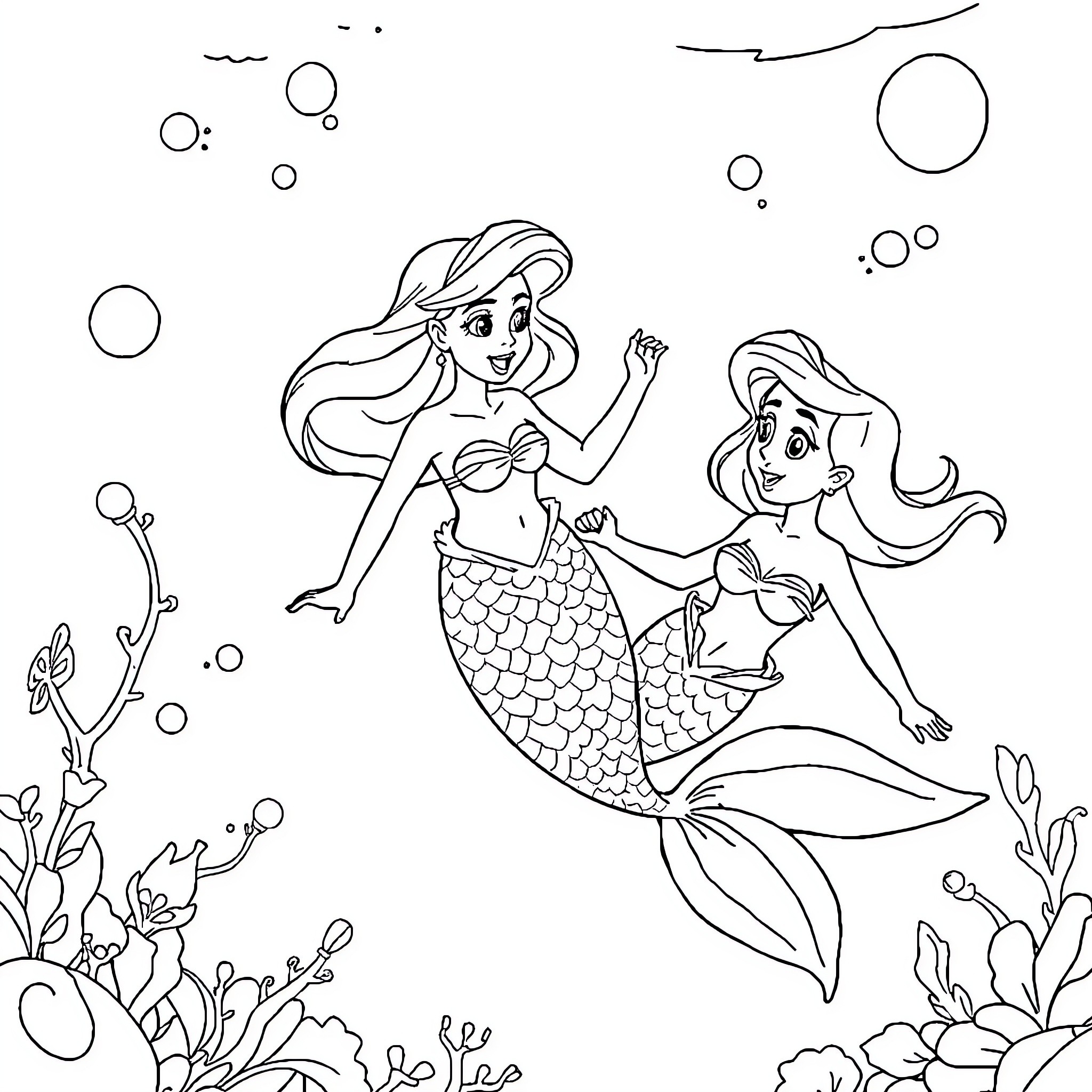 Ariel and Melody Exploring the Underwater World Coloring Page (free black-and-white line drawing printable PDF for all, from beginners to advanced learners, including children, teens, adults, and seniors)