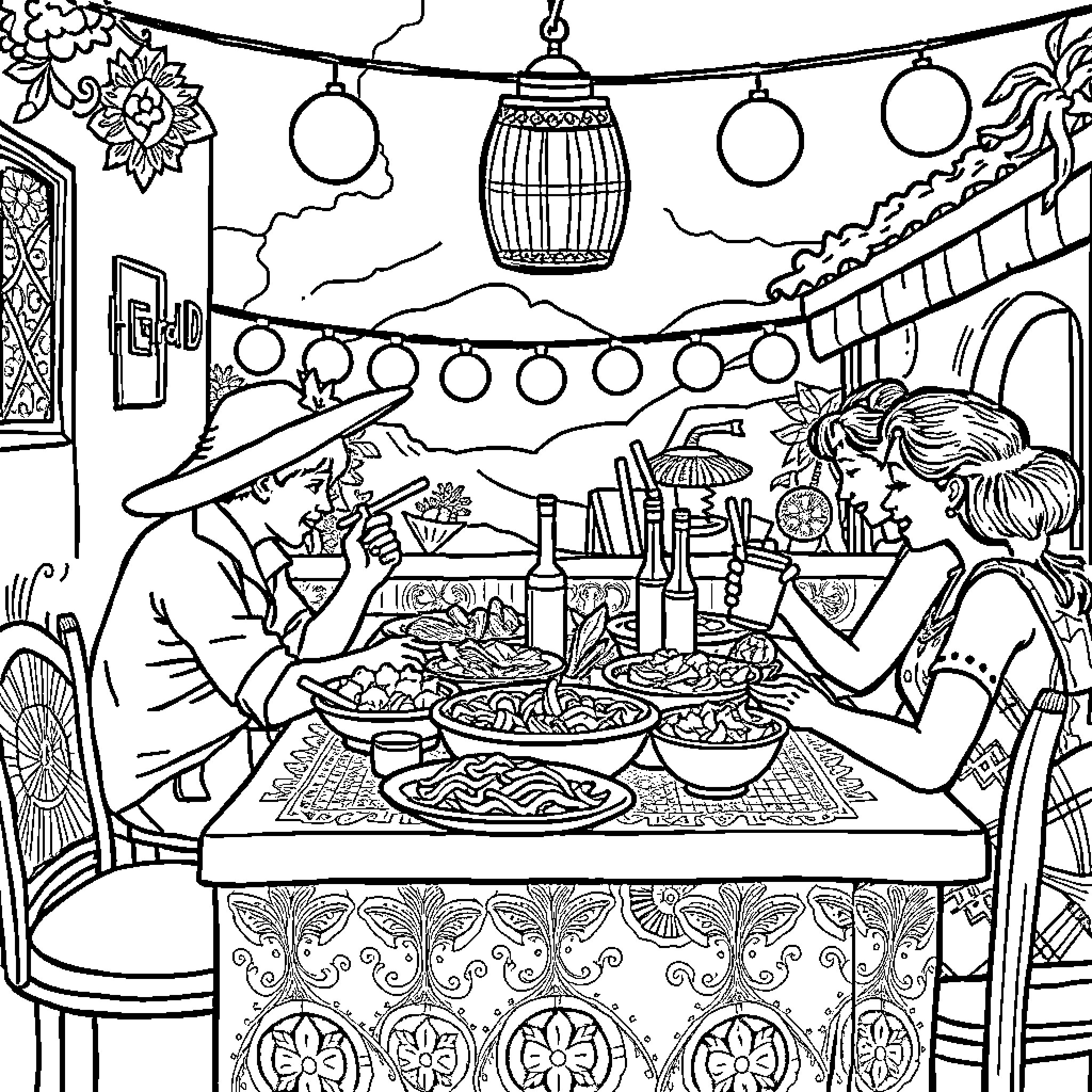 Food Shared Joyfully at Festive Outdoor Gathering Coloring Page (free black-and-white line drawing printable PDF for all, from beginners to advanced learners, including children, teens, adults, and seniors)