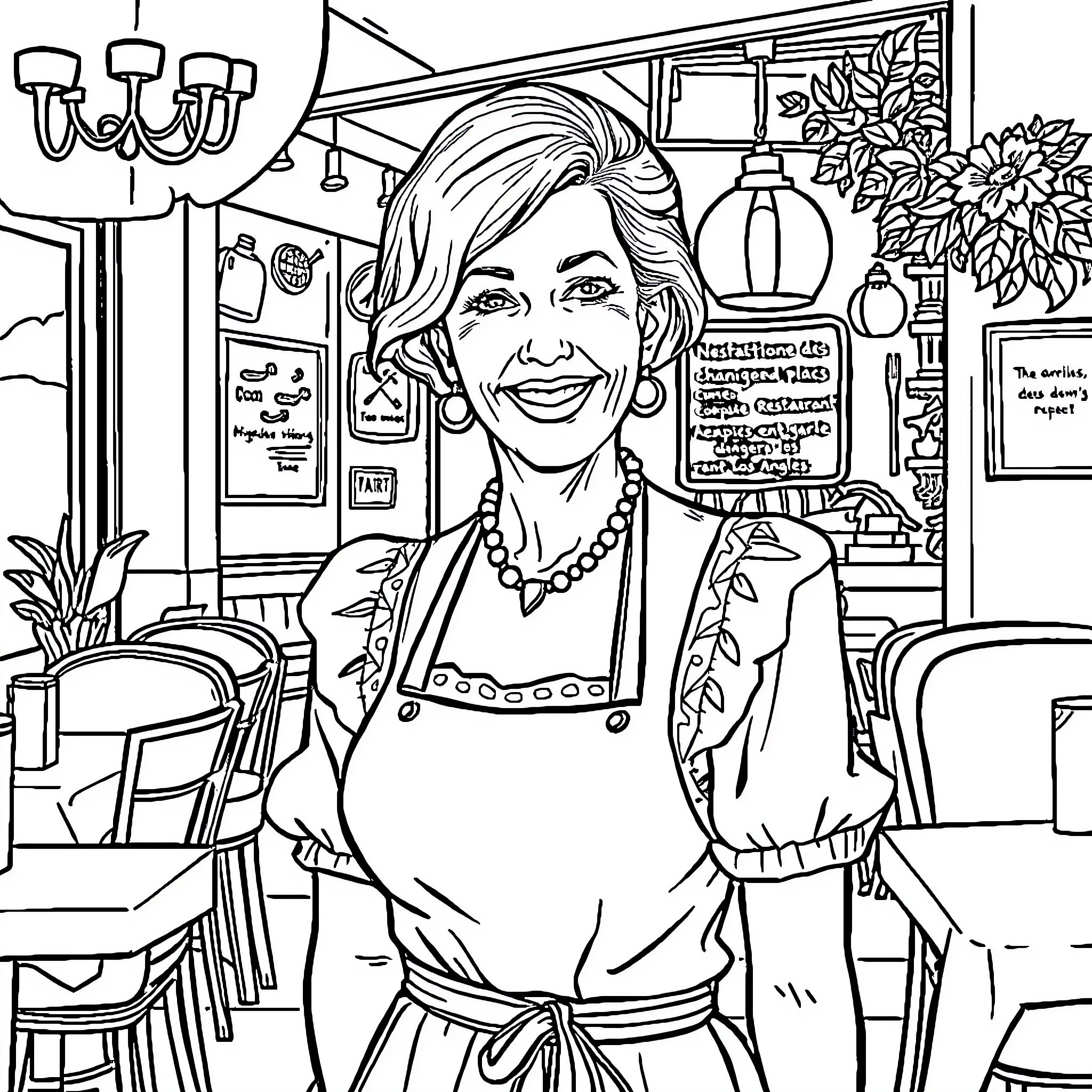 Dame Bretonne in a cozy café setting Coloring Page (free black-and-white line drawing printable PDF for all, from beginners to advanced learners, including children, teens, adults, and seniors)