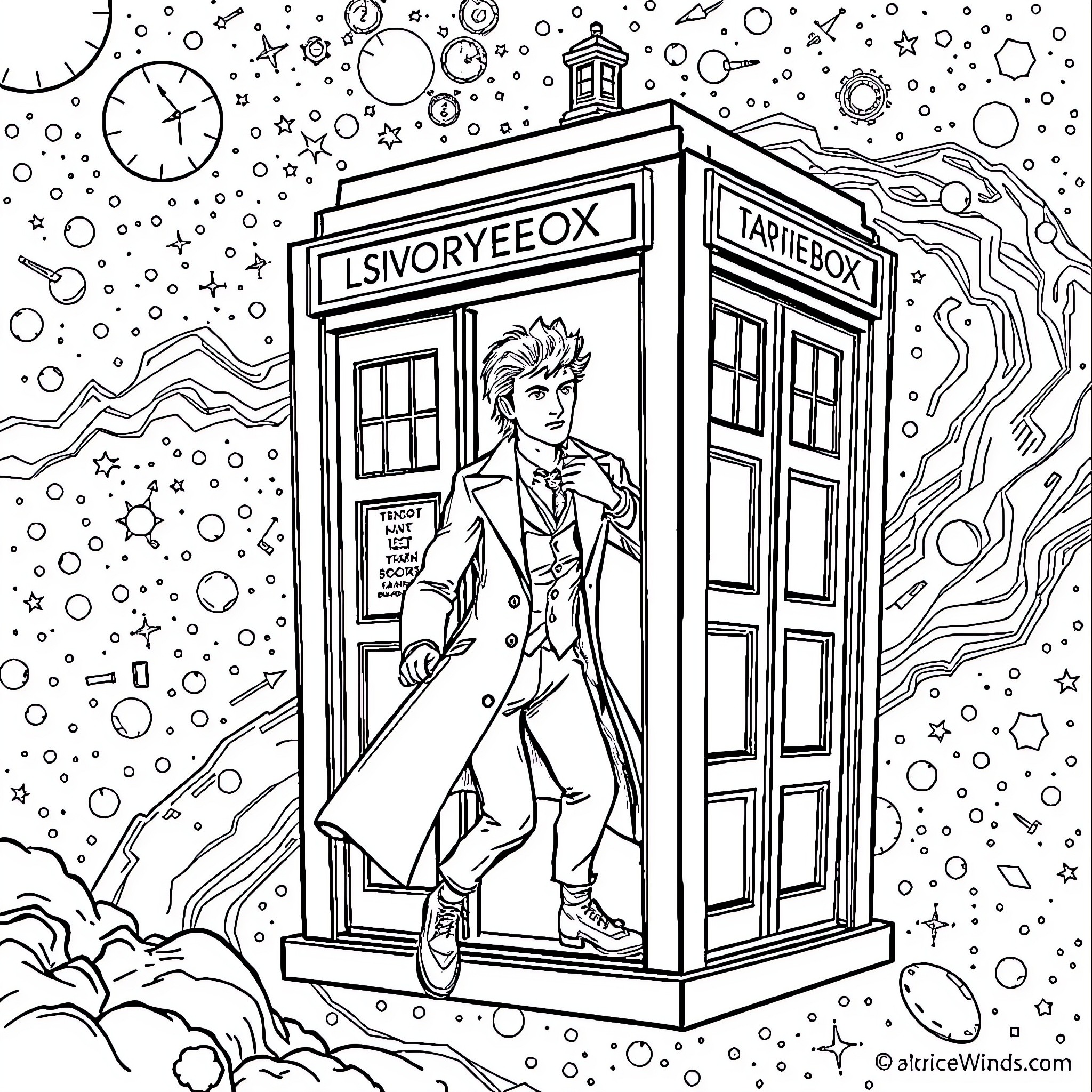 Doctor adventuring through the cosmos in a time-traveling box Coloring Page (free black-and-white line drawing printable PDF for all, from beginners to advanced learners, including children, teens, adults, and seniors)