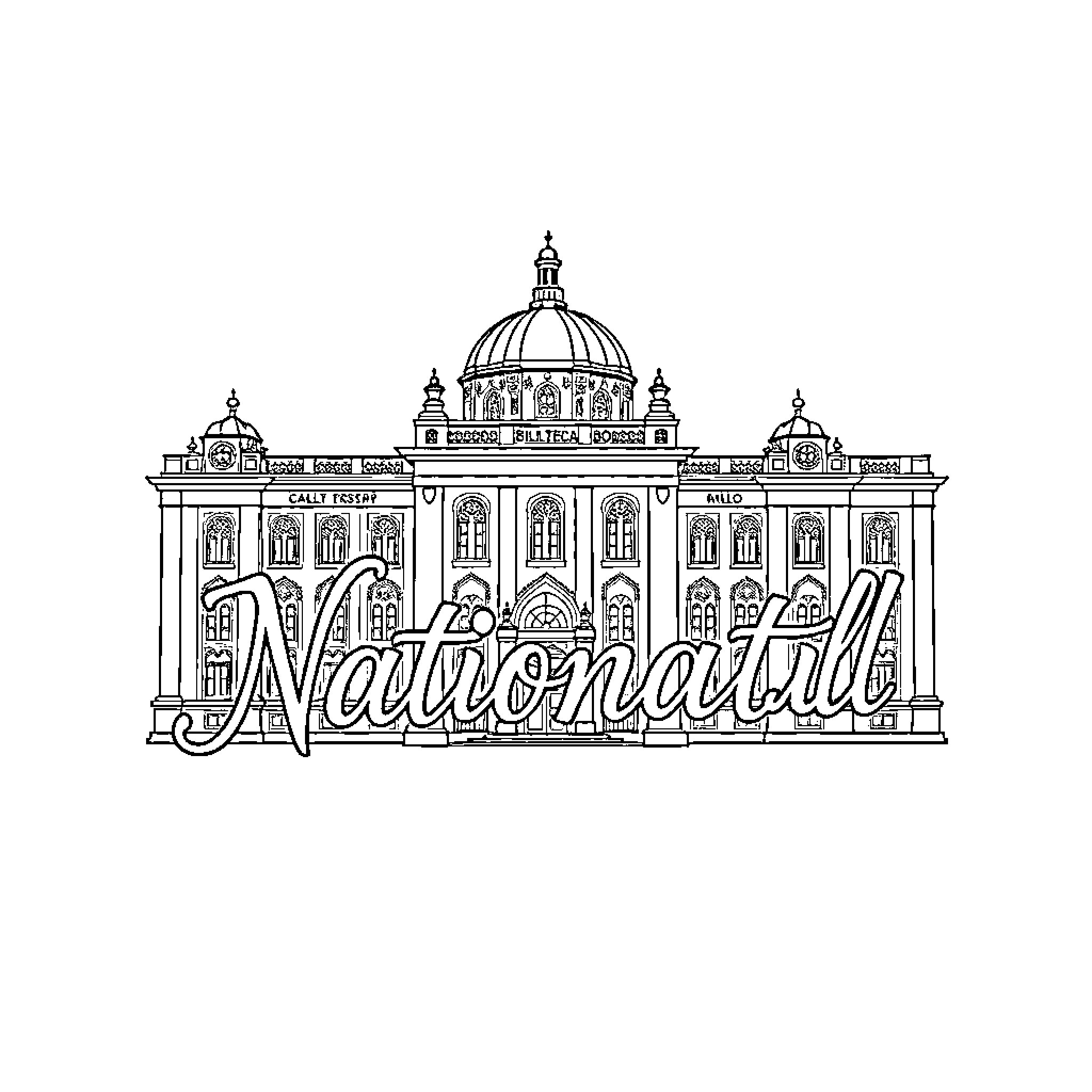 Biblioteca of grand ornate architecture Coloring Page (free black-and-white line drawing printable PDF for all, from beginners to advanced learners, including children, teens, adults, and seniors)