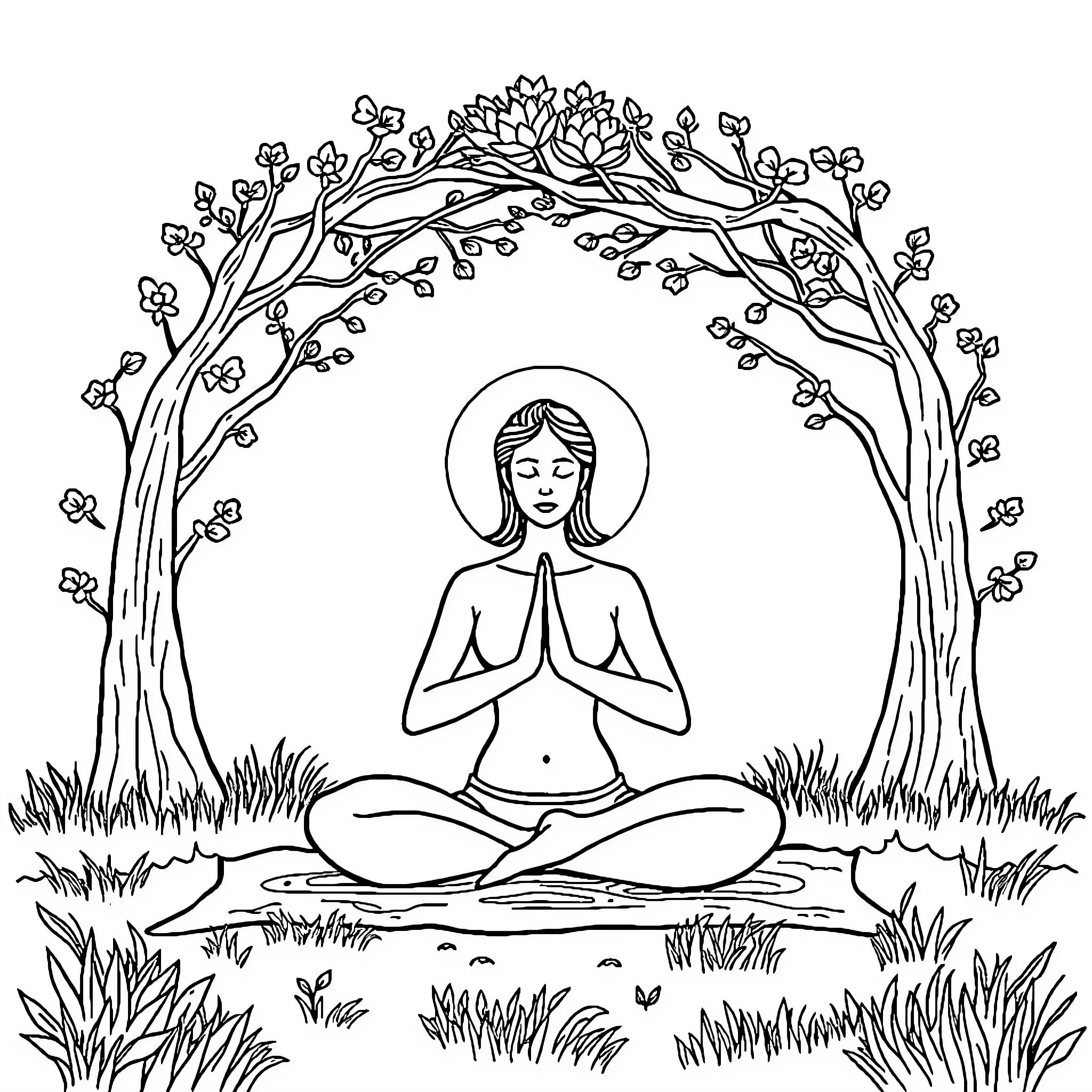 Yoga woman meditating in serene nature Coloring Page (free black-and-white line drawing printable PDF for all, from beginners to advanced learners, including children, teens, adults, and seniors)